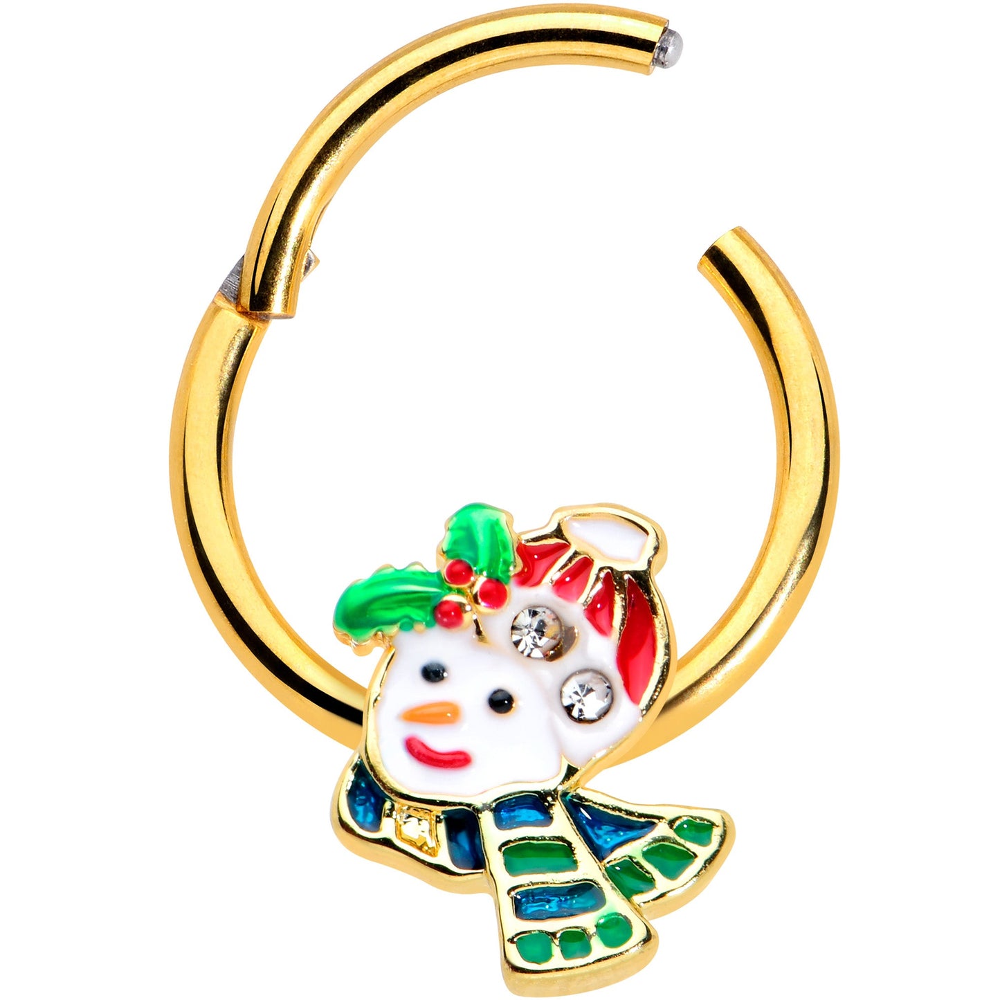 16G 3/8 Clear Gem Gold Tone Happy Snowman Hinged Segment Ring