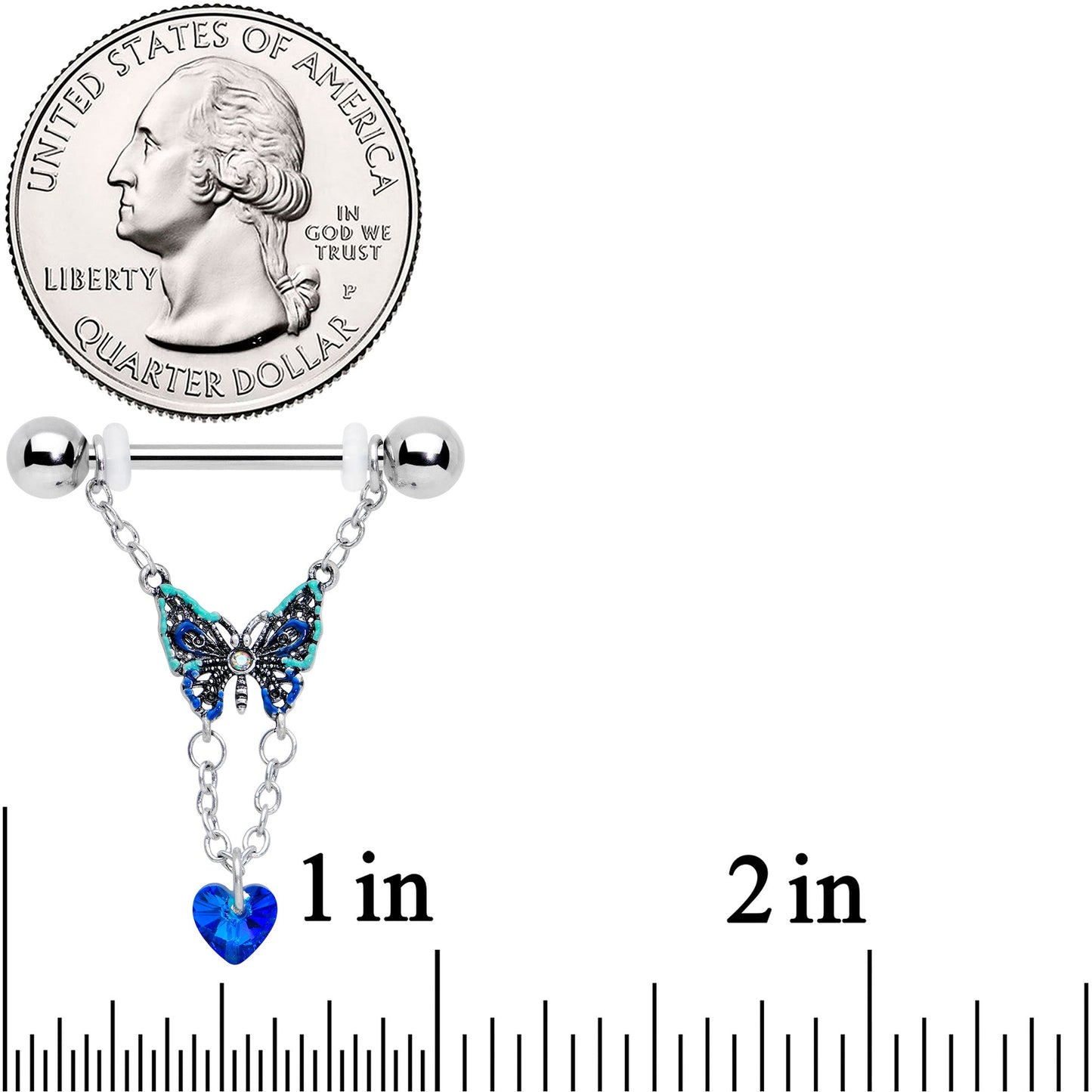 14G 9/16 Blue Gem Heart Colorful Butterfly Dangle Nipple Ring Set