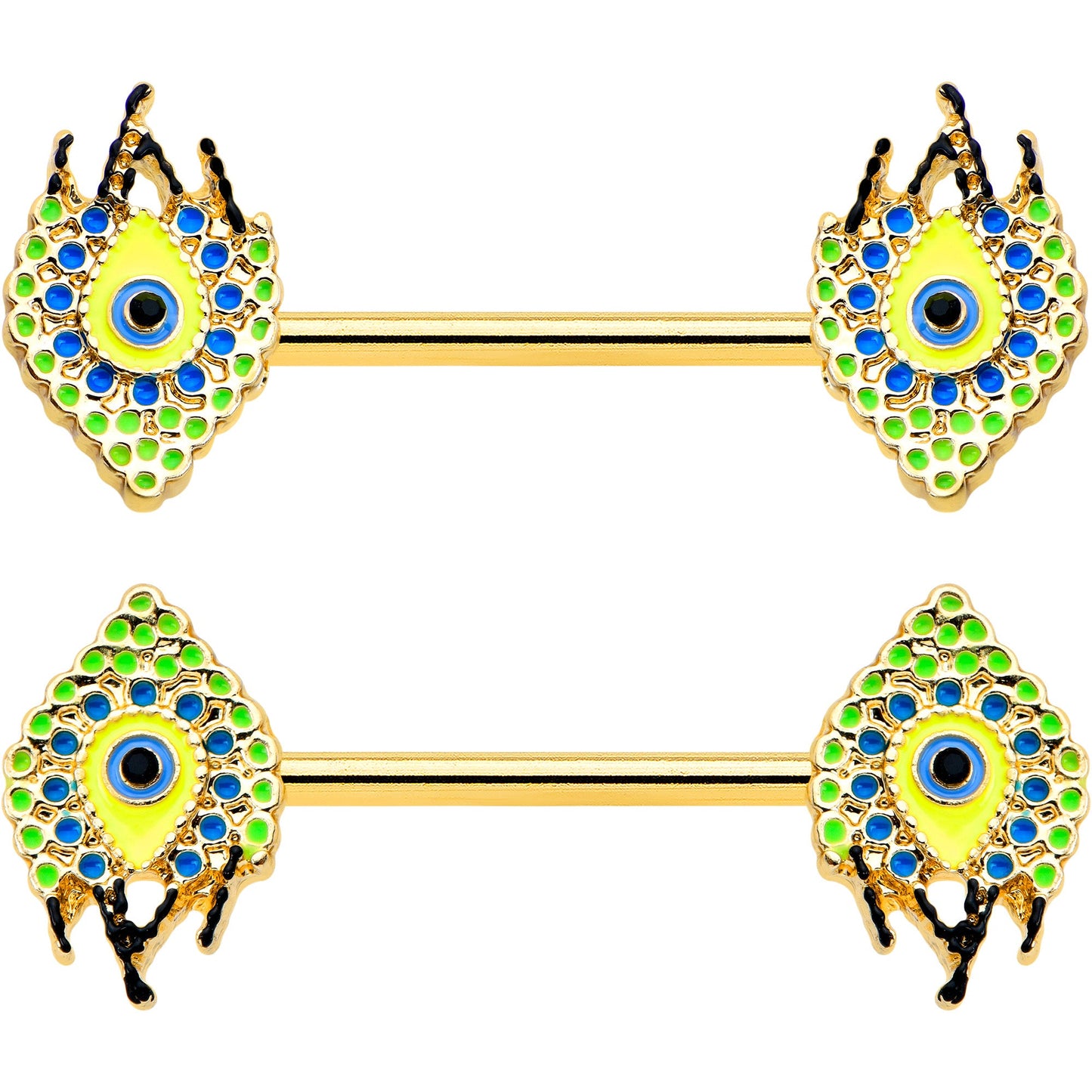 14G 9/16 Gold Tone Bold Peacock Feather Barbell Nipple Ring Set