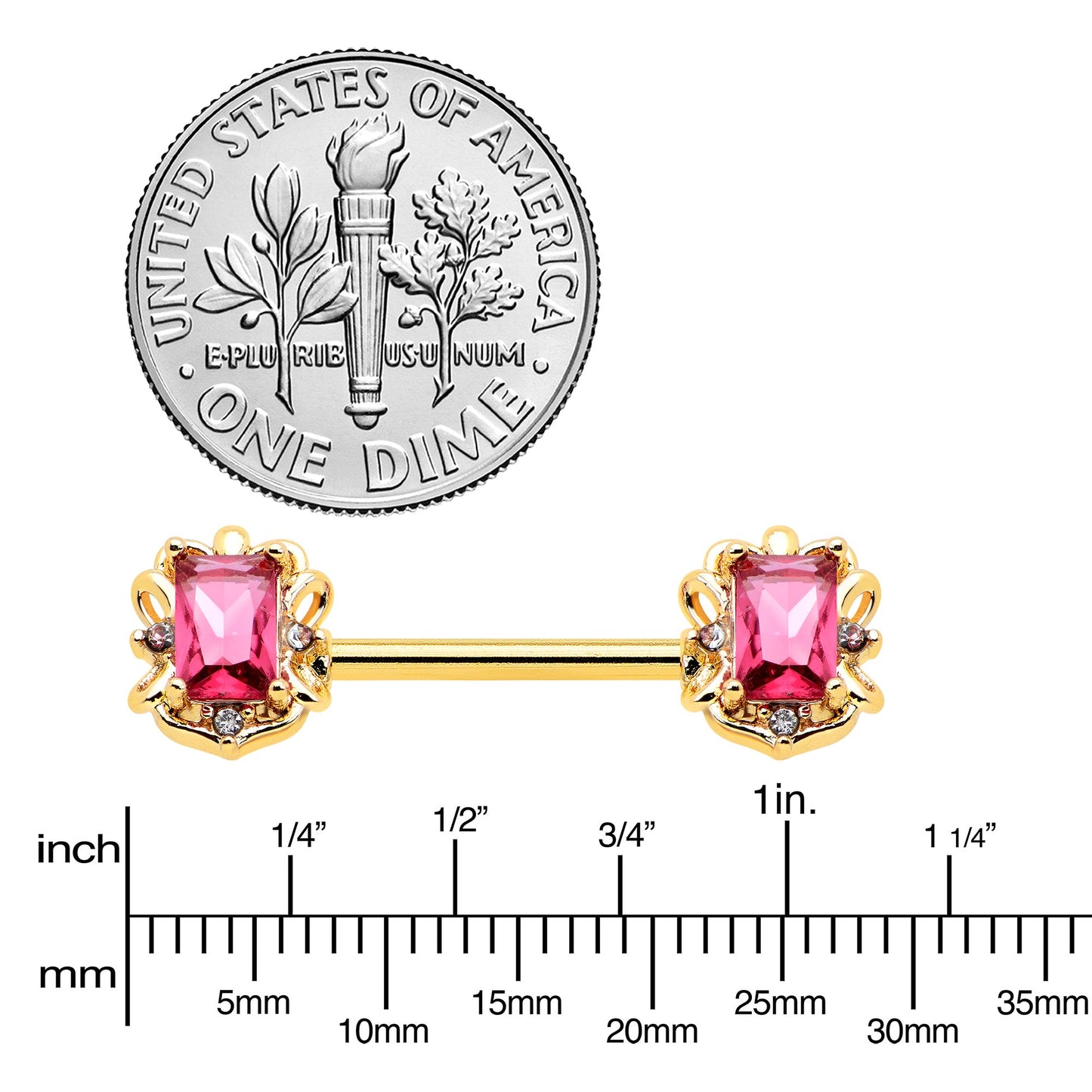 14G 9/16 Red Gem Gold Hue Regal Escutcheon Barbell Nipple Ring Set