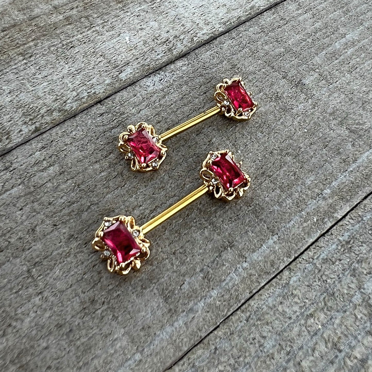 14G 9/16 Red Gem Gold Hue Regal Escutcheon Barbell Nipple Ring Set