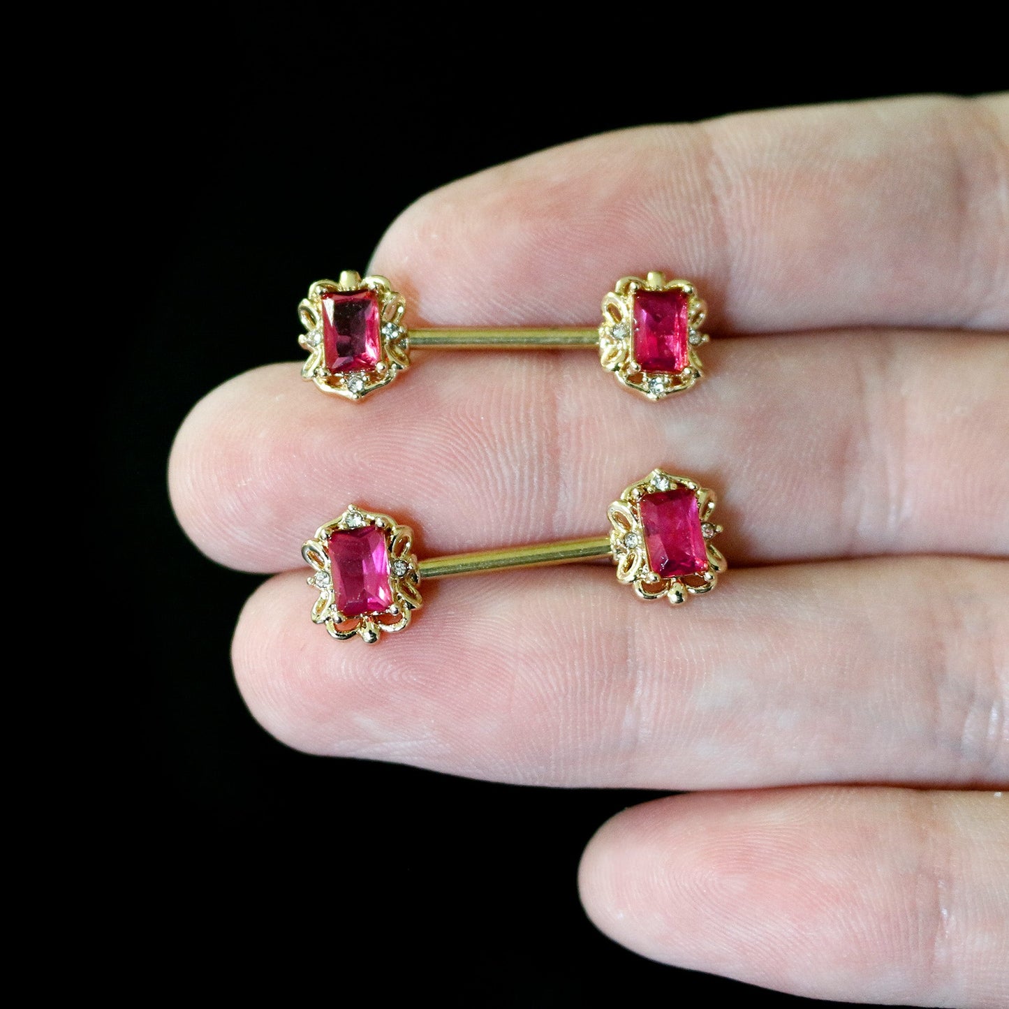 14G 9/16 Red Gem Gold Hue Regal Escutcheon Barbell Nipple Ring Set