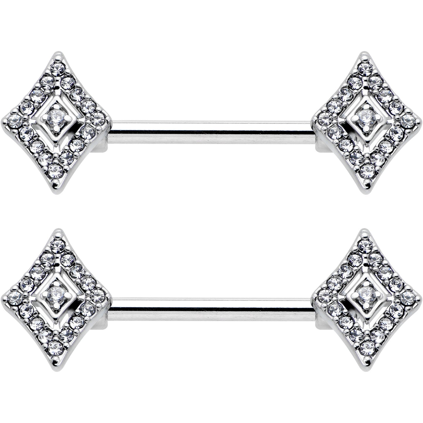 14G 9/16 Clear Gem Double Rhombus Deco Barbell Nipple Ring Set