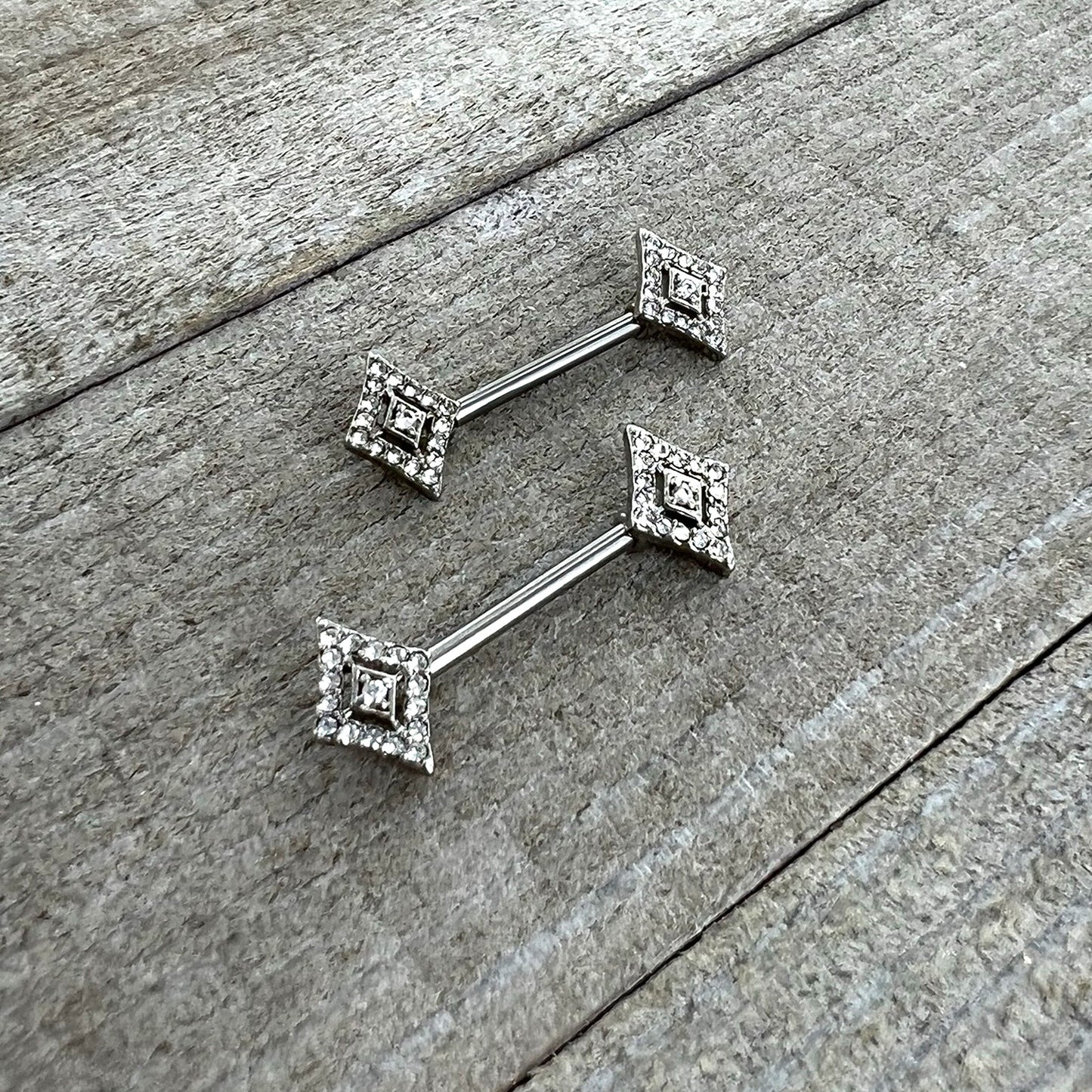 14G 9/16 Clear Gem Double Rhombus Deco Barbell Nipple Ring Set