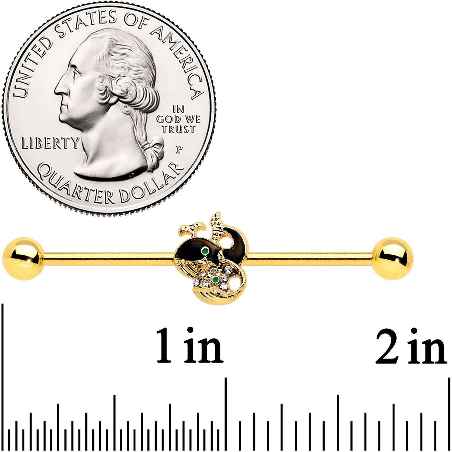 14G Clear Gem Gold Tone Mom Baby Whale Industrial Barbell 38mm