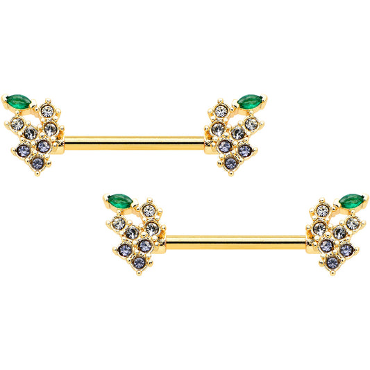 14G 9/16 Clear CZ Gem Gold Tone Bunch Grapes Nipple Ring Set