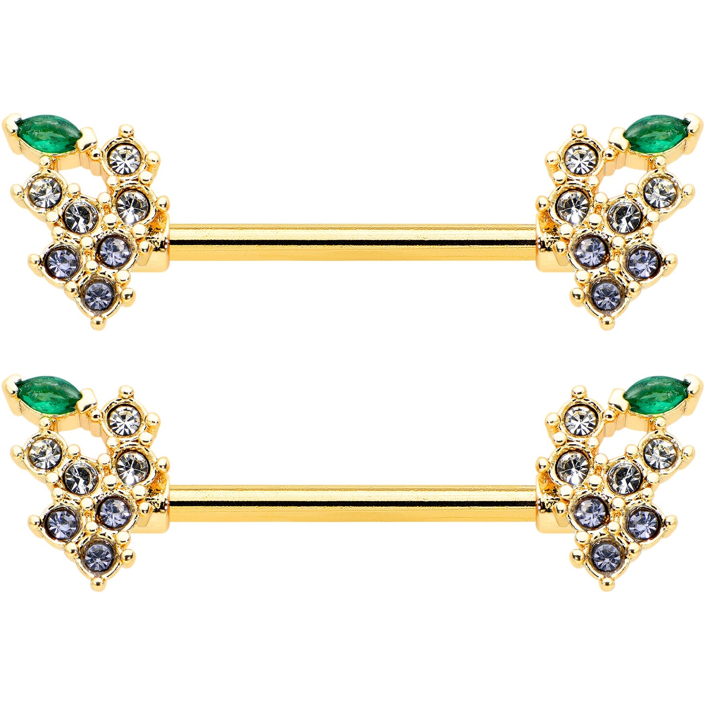 14G 9/16 Clear CZ Gem Gold Tone Bunch Grapes Nipple Ring Set