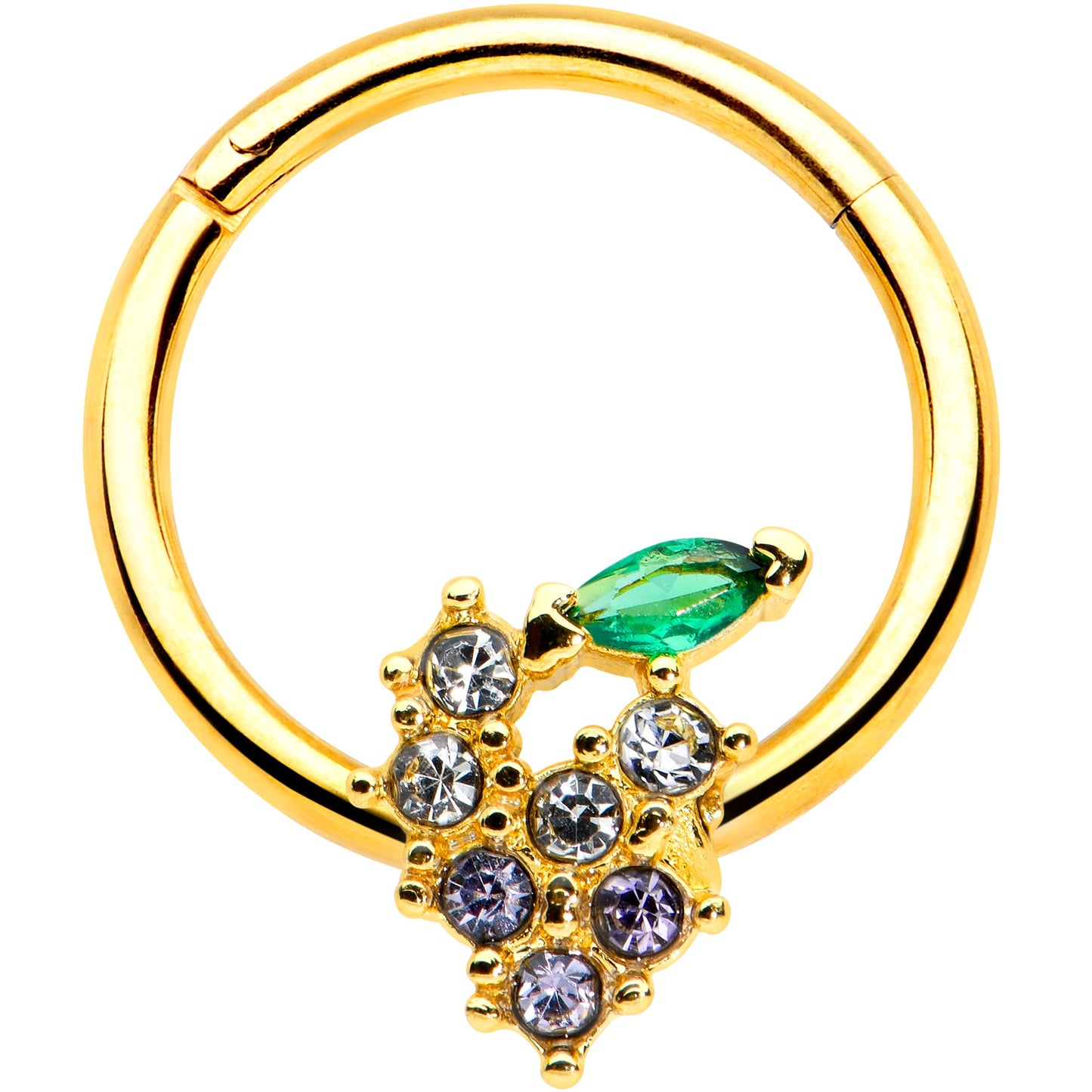 16G 3/8 Clear CZ Gem Gold Tone Bunch Grapes Hinged Segment Ring