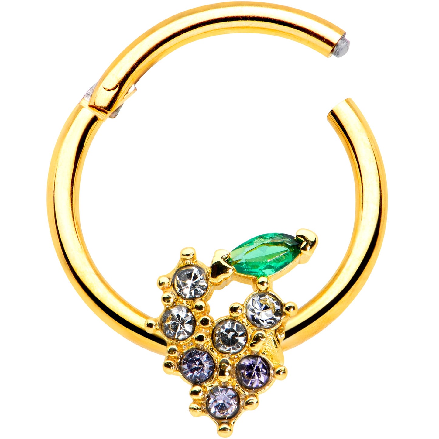 16G 3/8 Clear CZ Gem Gold Tone Bunch Grapes Hinged Segment Ring
