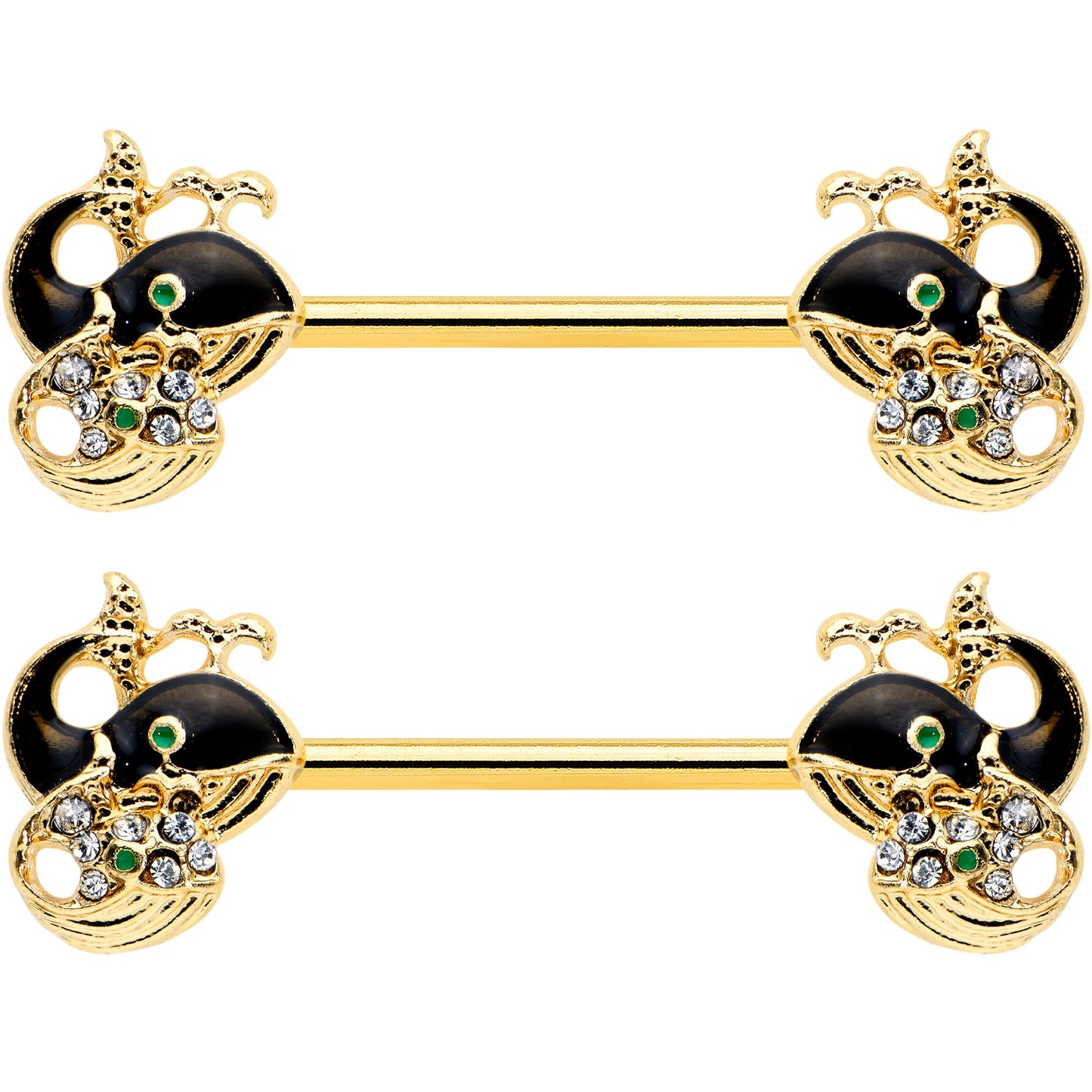 14G 9/16 Clear Gem Gold Tone Mom Baby Whale Nipple Ring Set