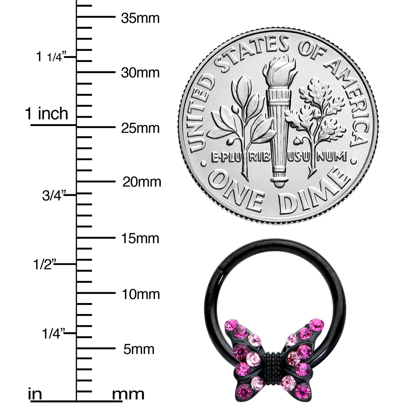 16G 3/8 Pink Gem Black Midnight Butterfly Hinged Segment Ring