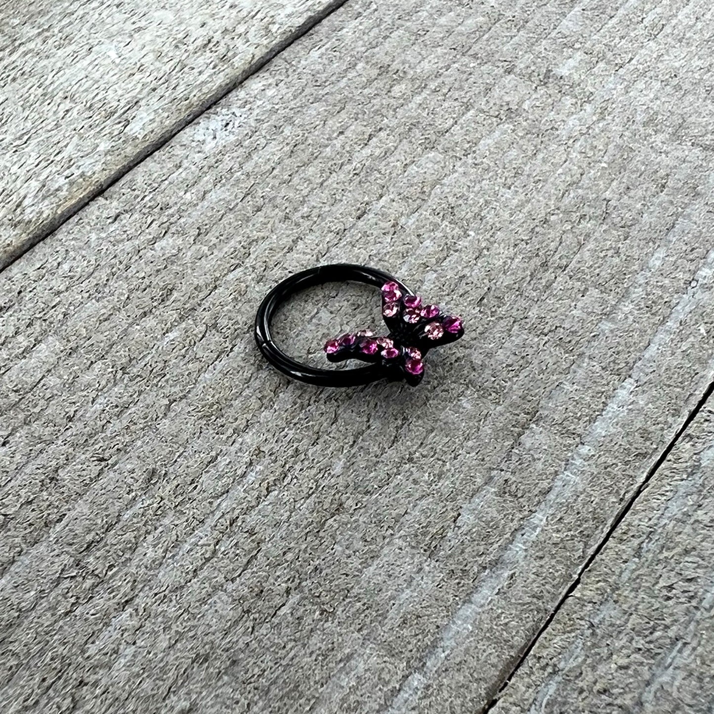 16G 3/8 Pink Gem Black Midnight Butterfly Hinged Segment Ring