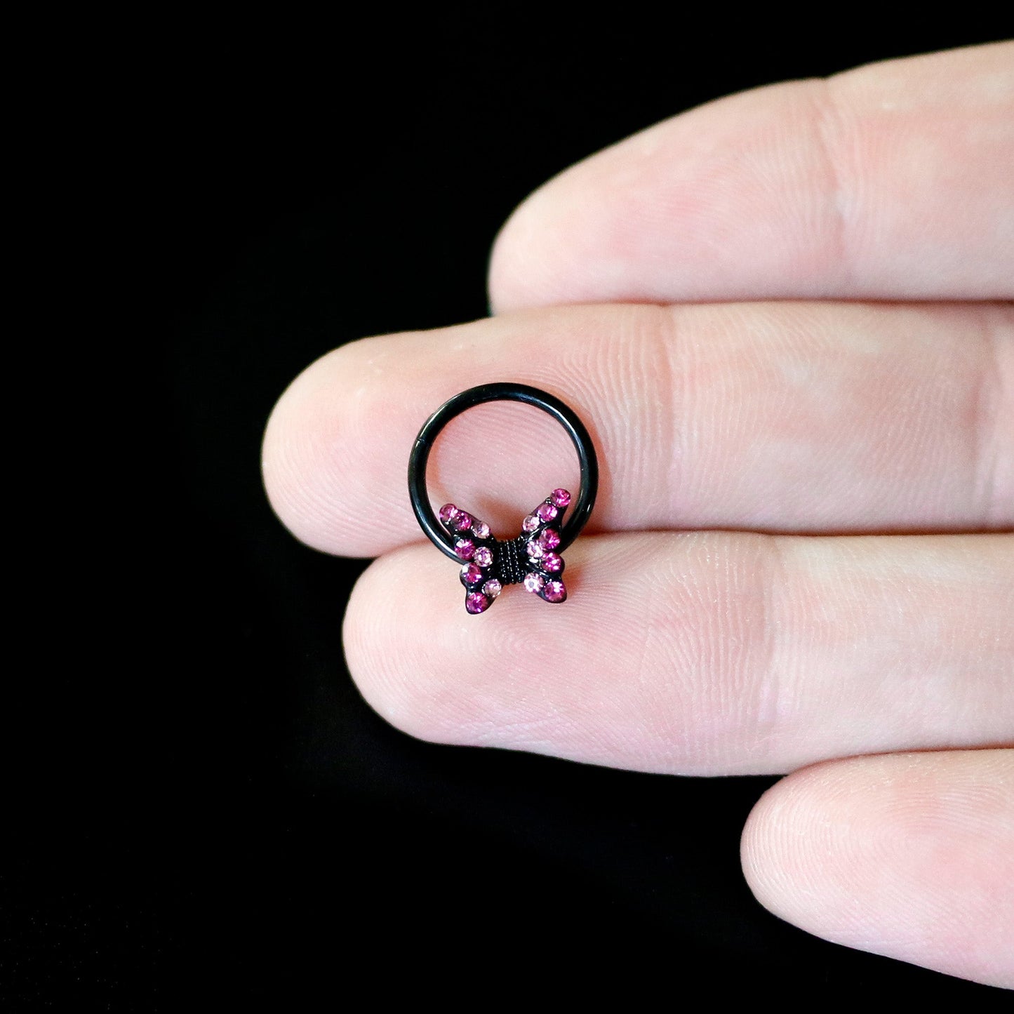 16G 3/8 Pink Gem Black Midnight Butterfly Hinged Segment Ring