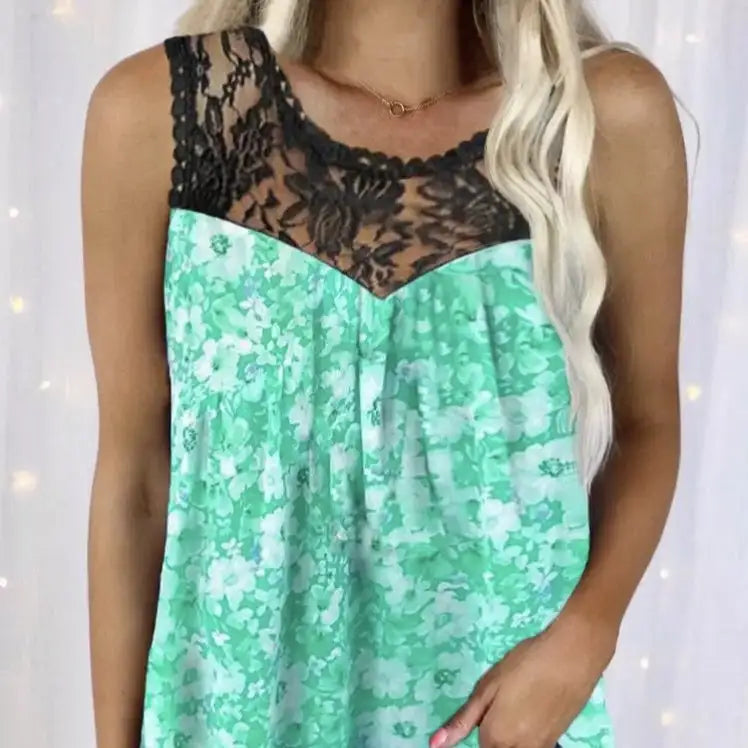 Ladies' Fashionable Casual Solid Color Printed Lace Collar Vest Top