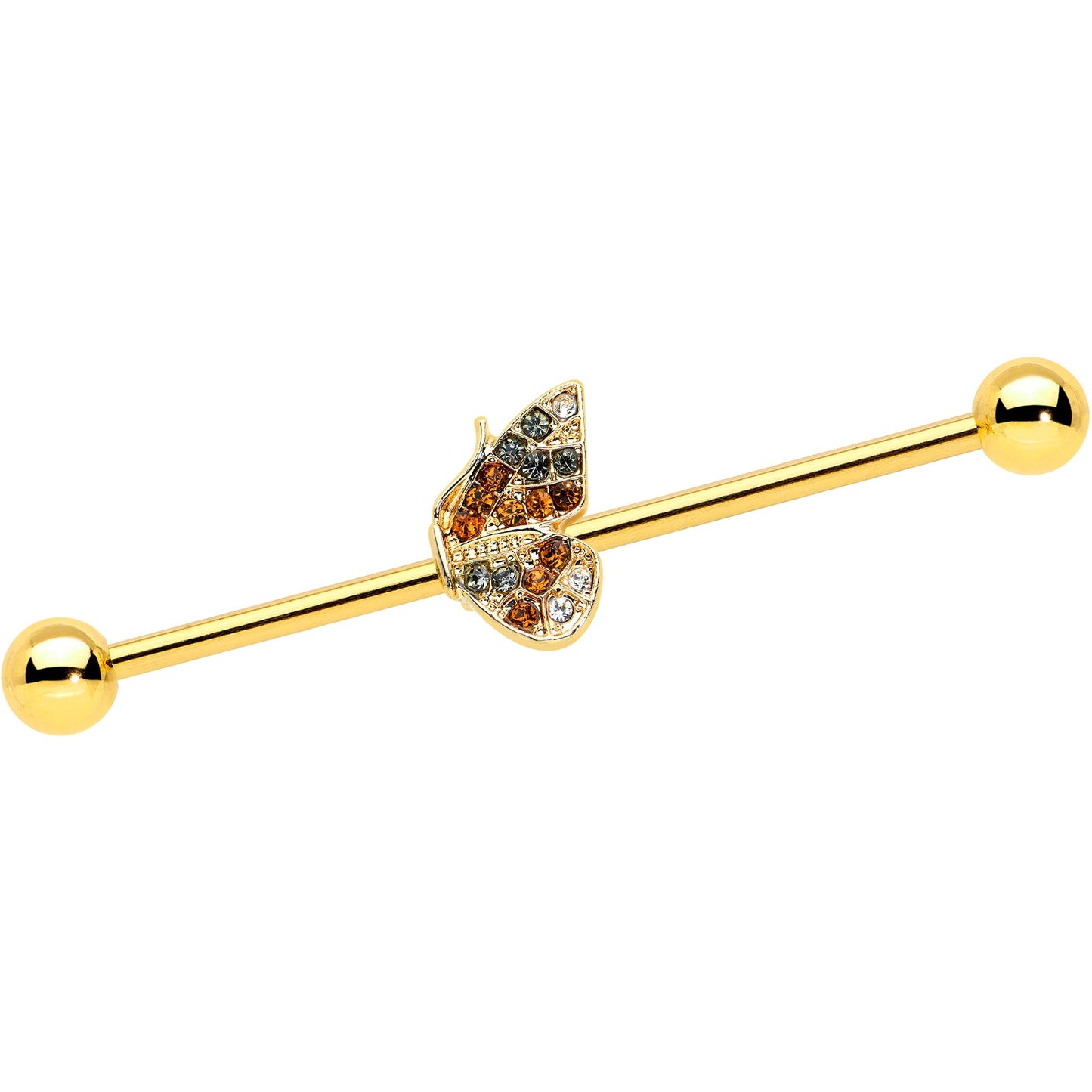 14G Clear Orange Gem Gold Hue Baroque Butterfly Industrial Barbell 38mm