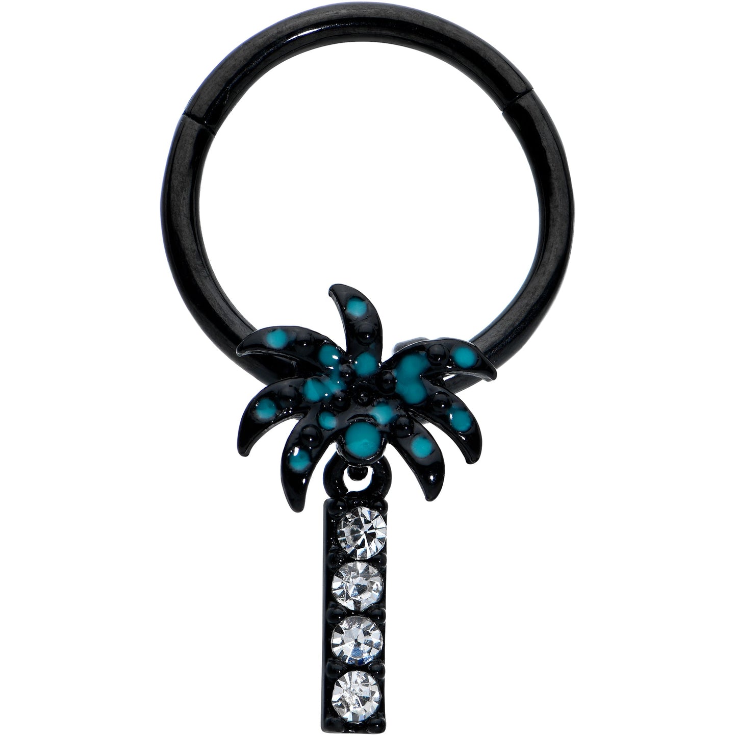 16G 3/8 Clear Gem Black Night Palm Tree Dangle Hinged Segment Ring