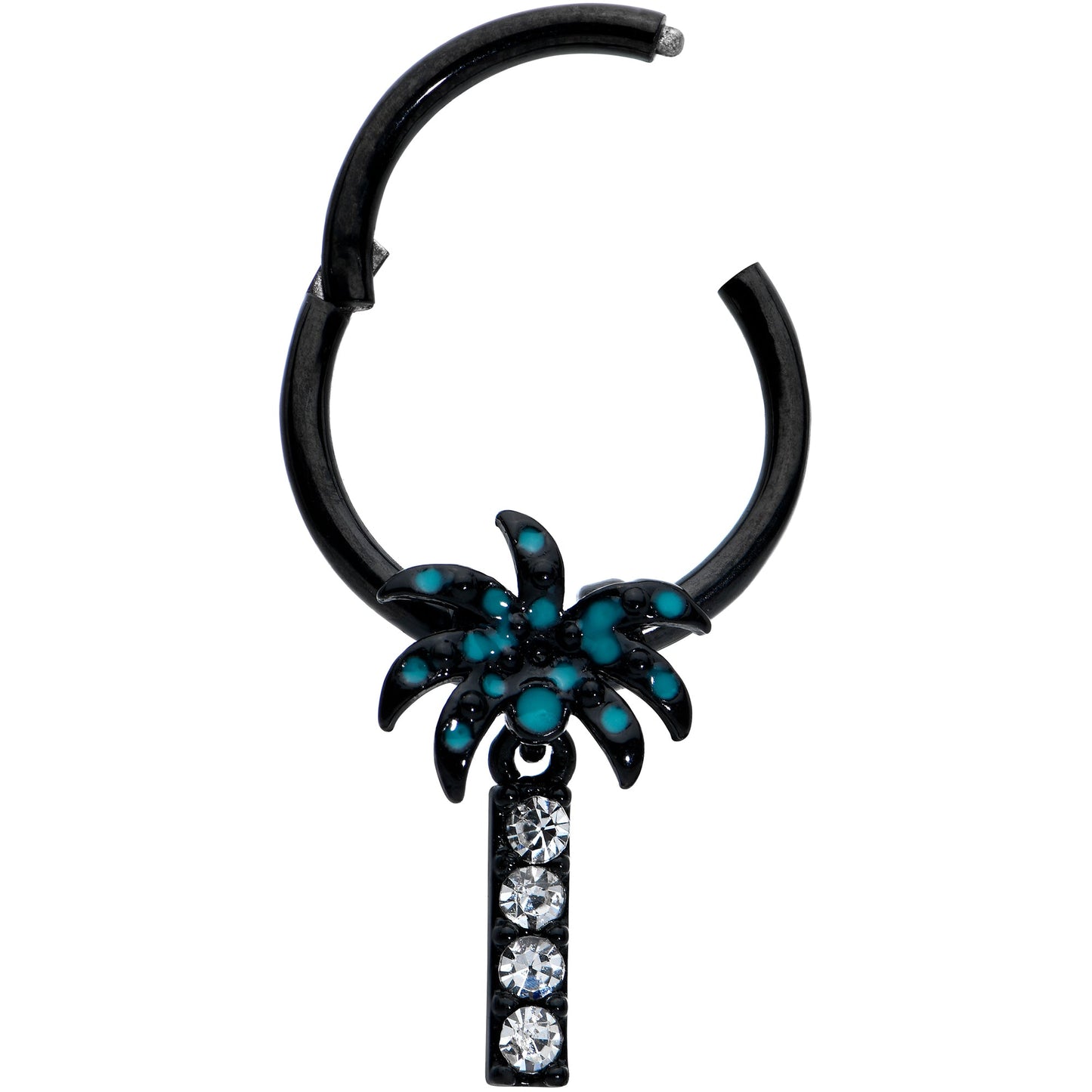 16G 3/8 Clear Gem Black Night Palm Tree Dangle Hinged Segment Ring
