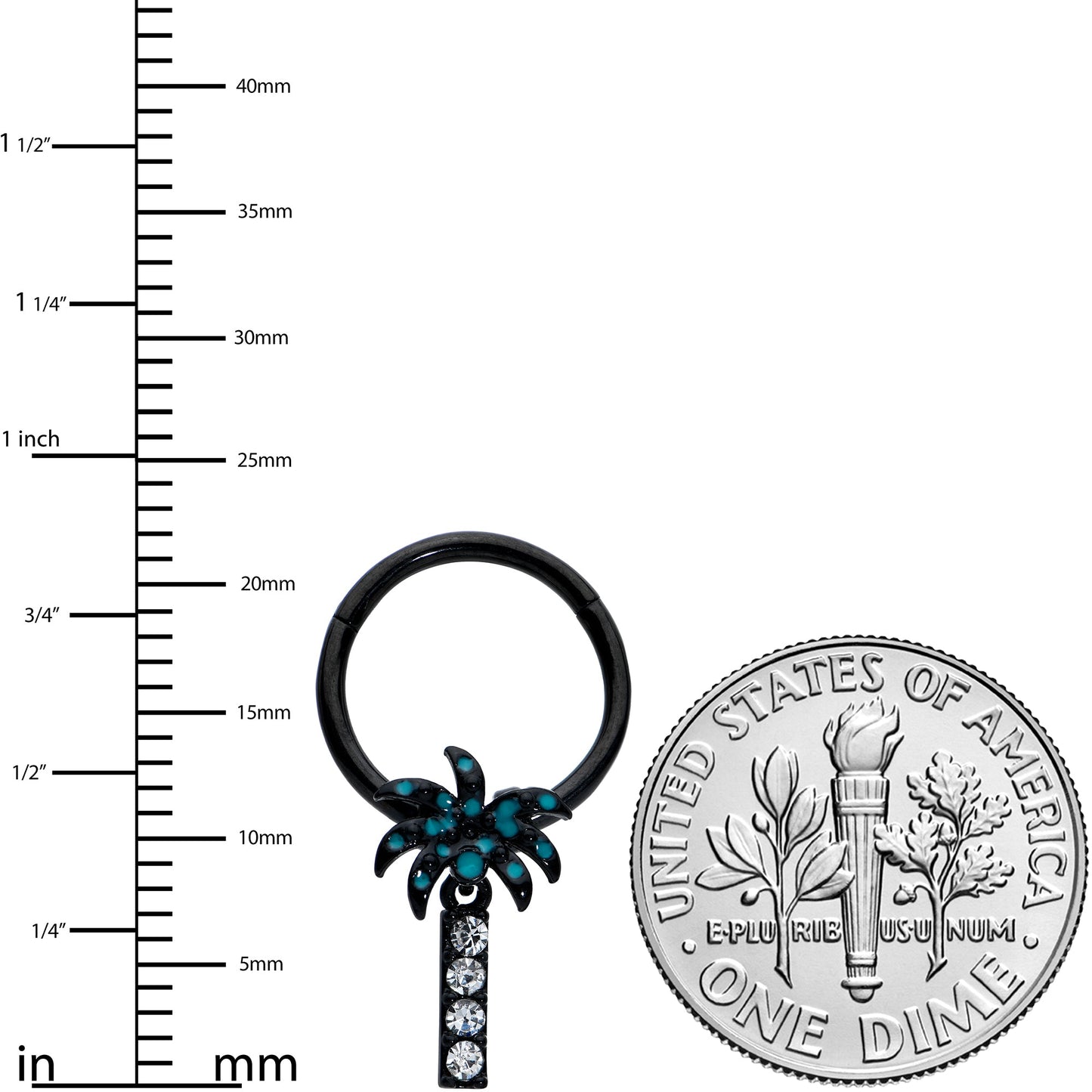 16G 3/8 Clear Gem Black Night Palm Tree Dangle Hinged Segment Ring