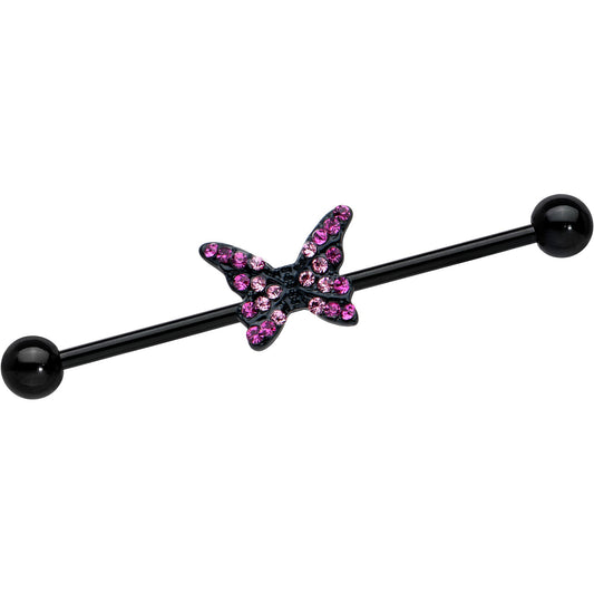 14G Pink Gem Black Midnight Butterfly Industrial Barbell 38mm
