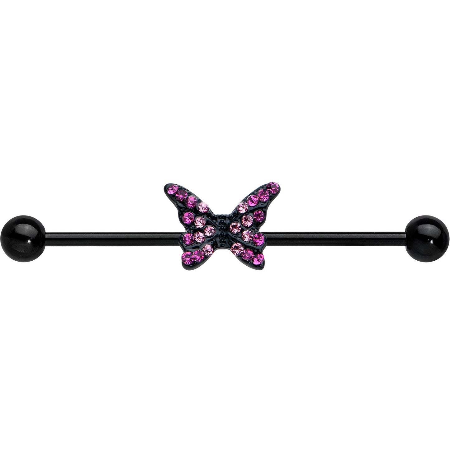 14G Pink Gem Black Midnight Butterfly Industrial Barbell 38mm