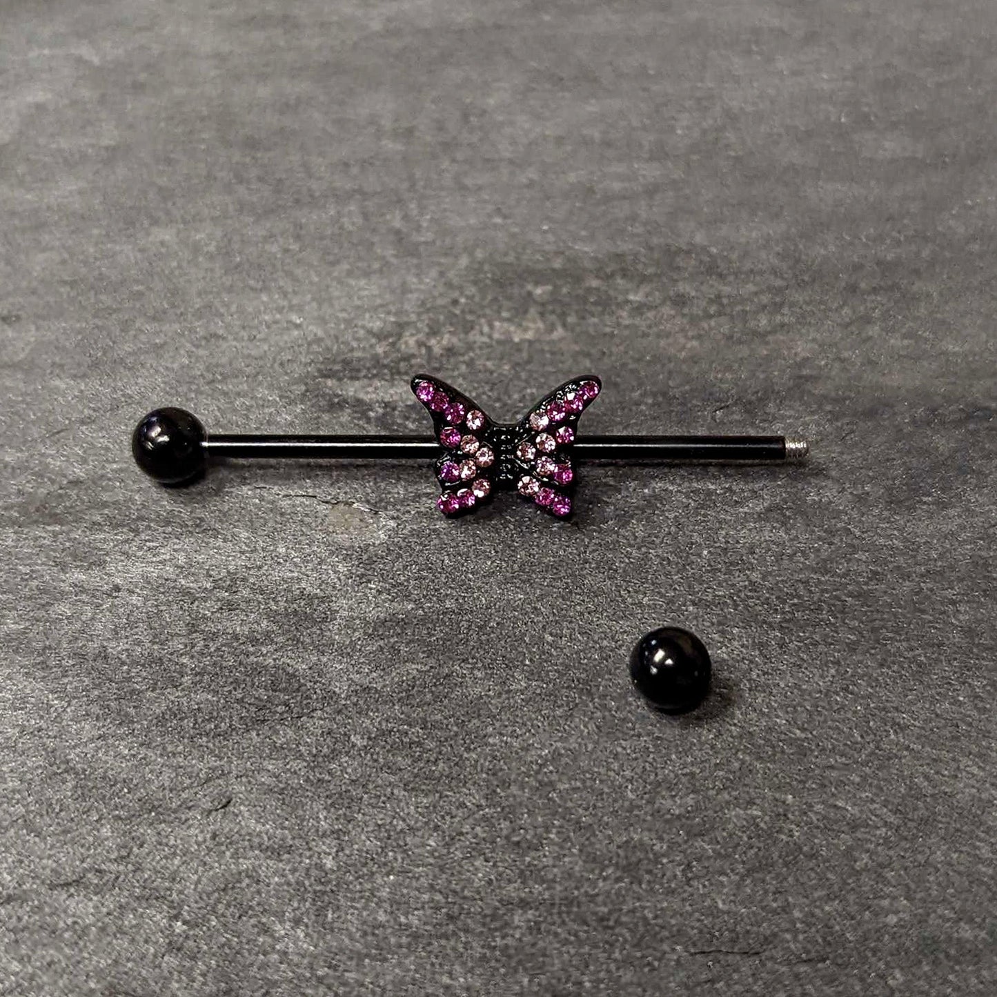 14G Pink Gem Black Midnight Butterfly Industrial Barbell 38mm