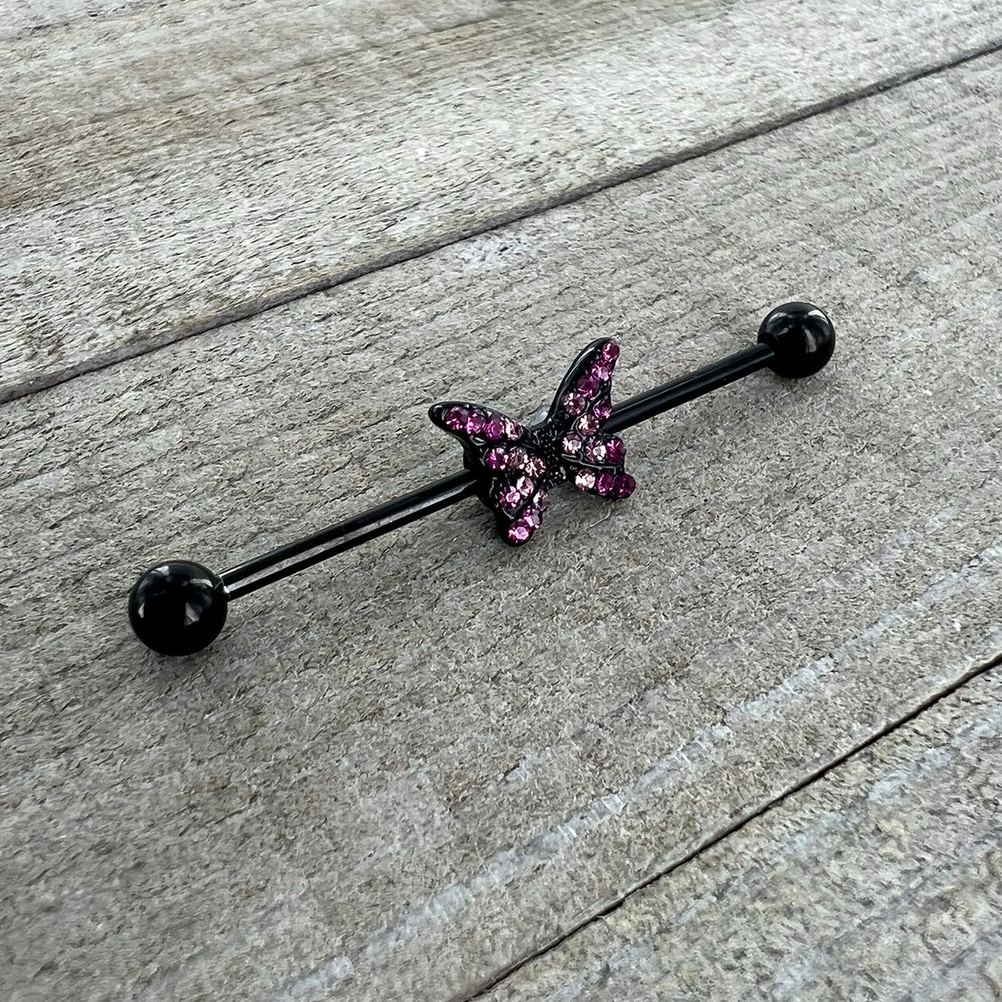 14G Pink Gem Black Midnight Butterfly Industrial Barbell 38mm
