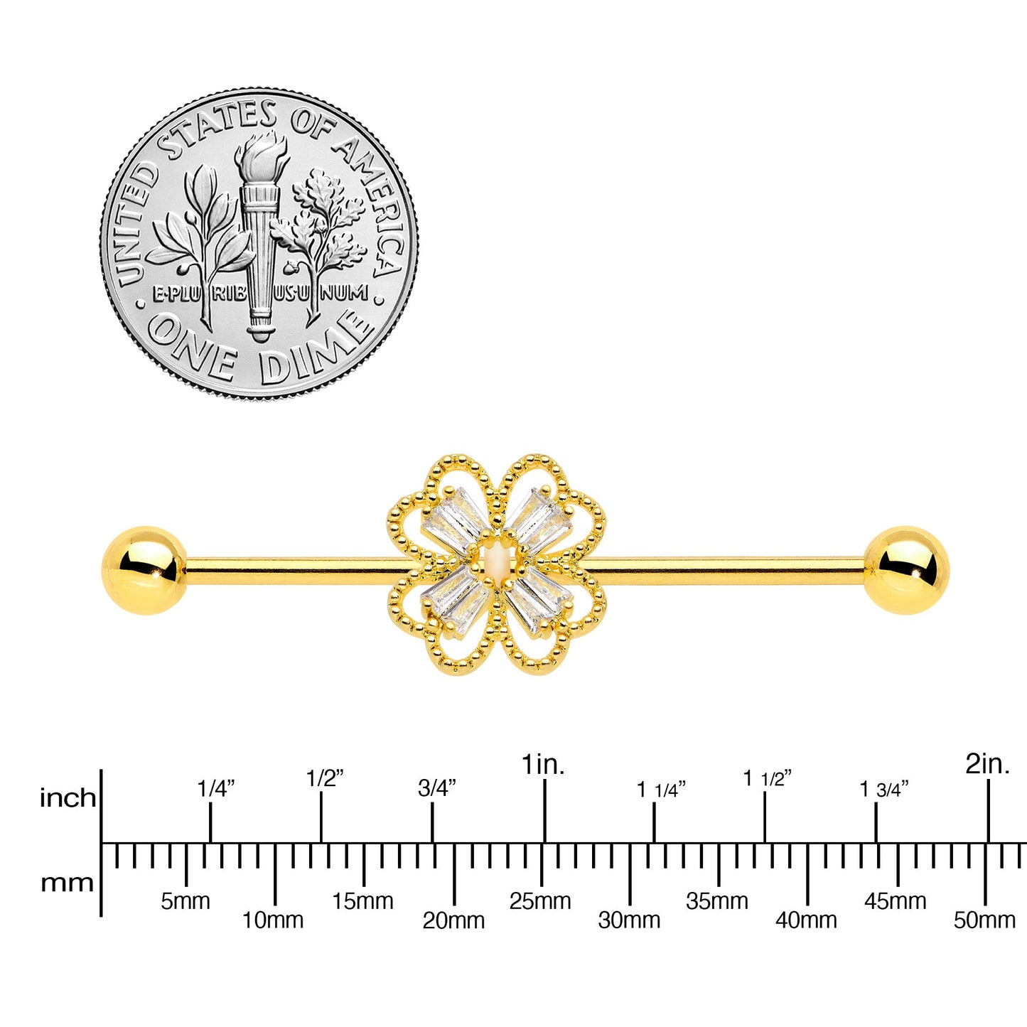 14G Clear Gem Gold Tone Textured Cross Industrial Barbell 38mm