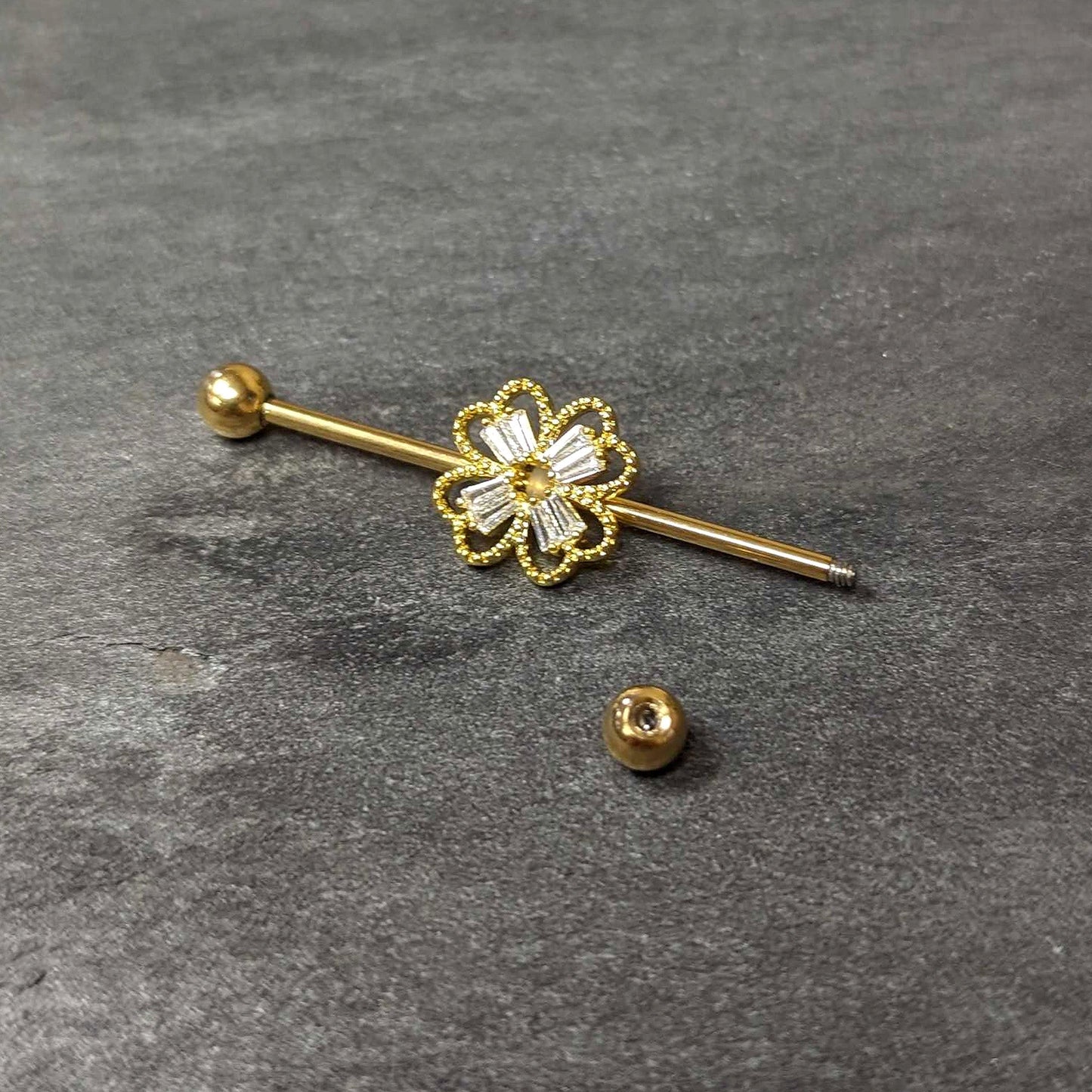 14G Clear Gem Gold Tone Textured Cross Industrial Barbell 38mm