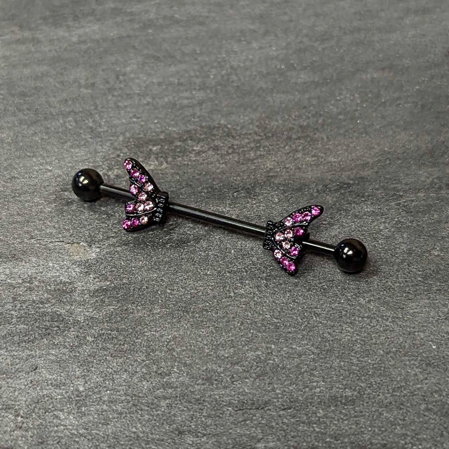 14G Pink Gem Black Moveable Wing Butterfly Industrial Barbell 38mm