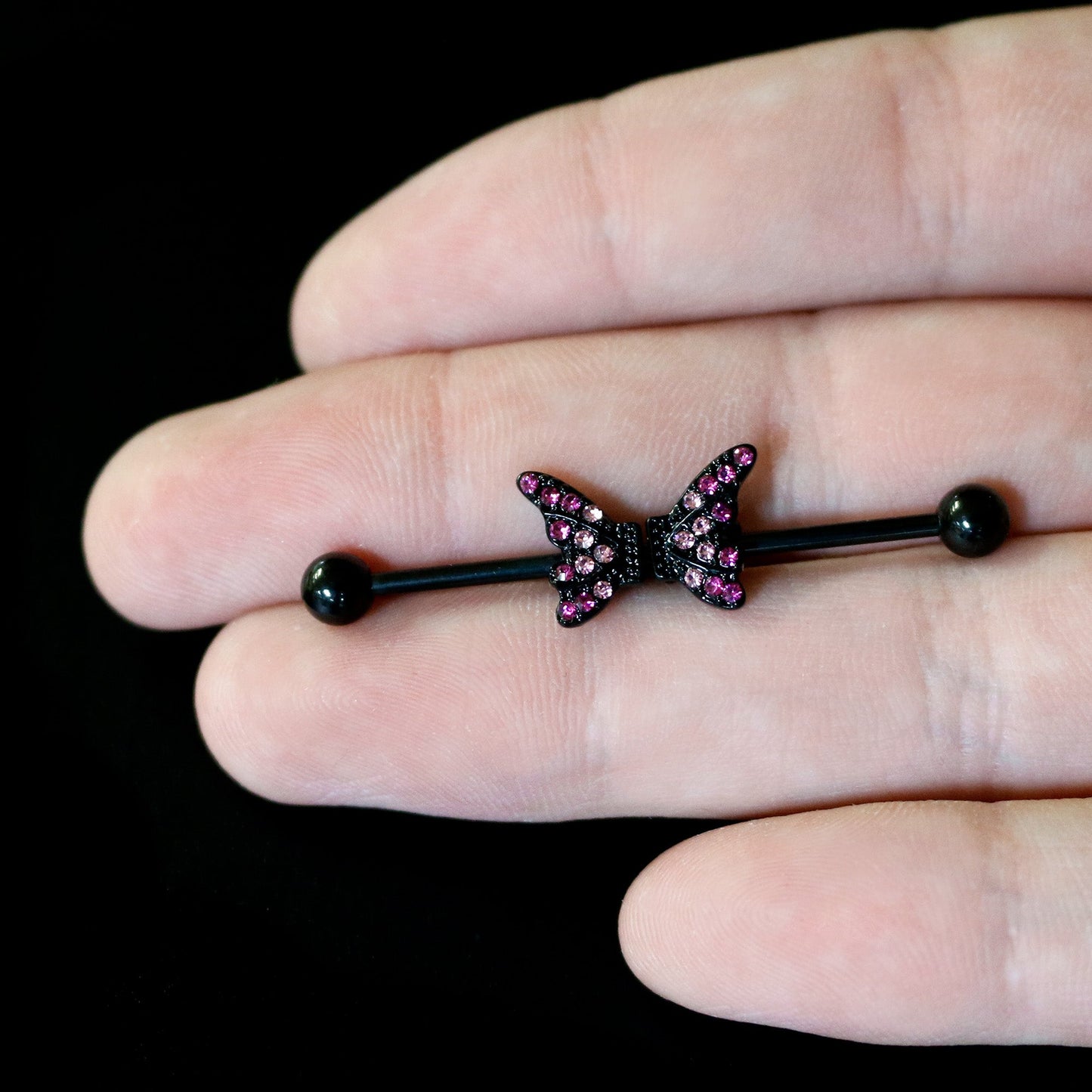 14G Pink Gem Black Moveable Wing Butterfly Industrial Barbell 38mm