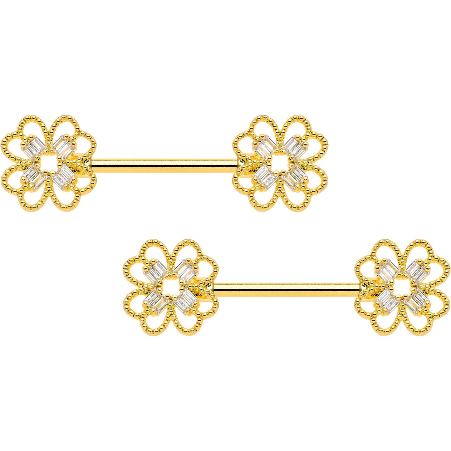 14G 5/8 Clear Gem Gold Tone Texture Cross Barbell Nipple Ring Set