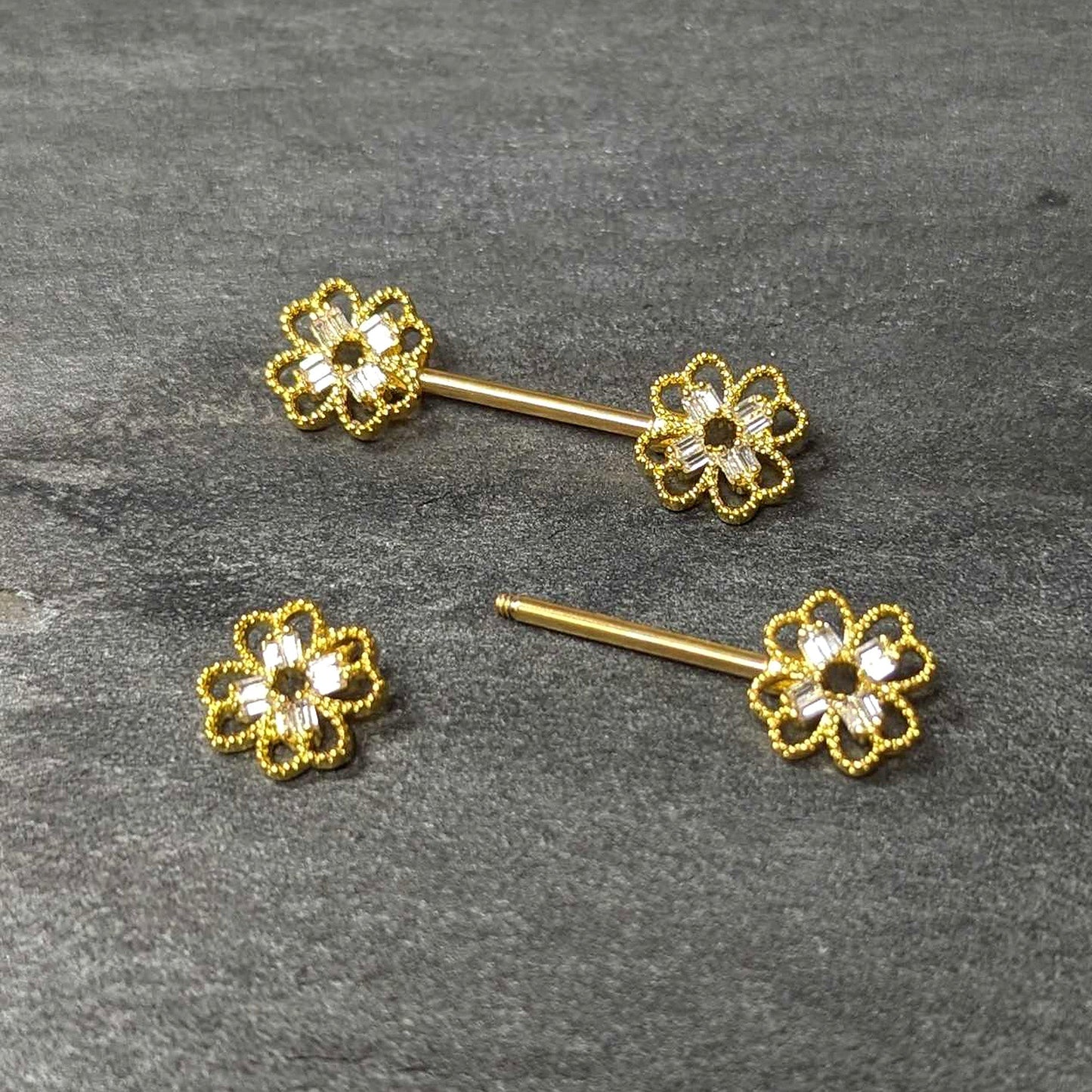14G 5/8 Clear Gem Gold Tone Texture Cross Barbell Nipple Ring Set