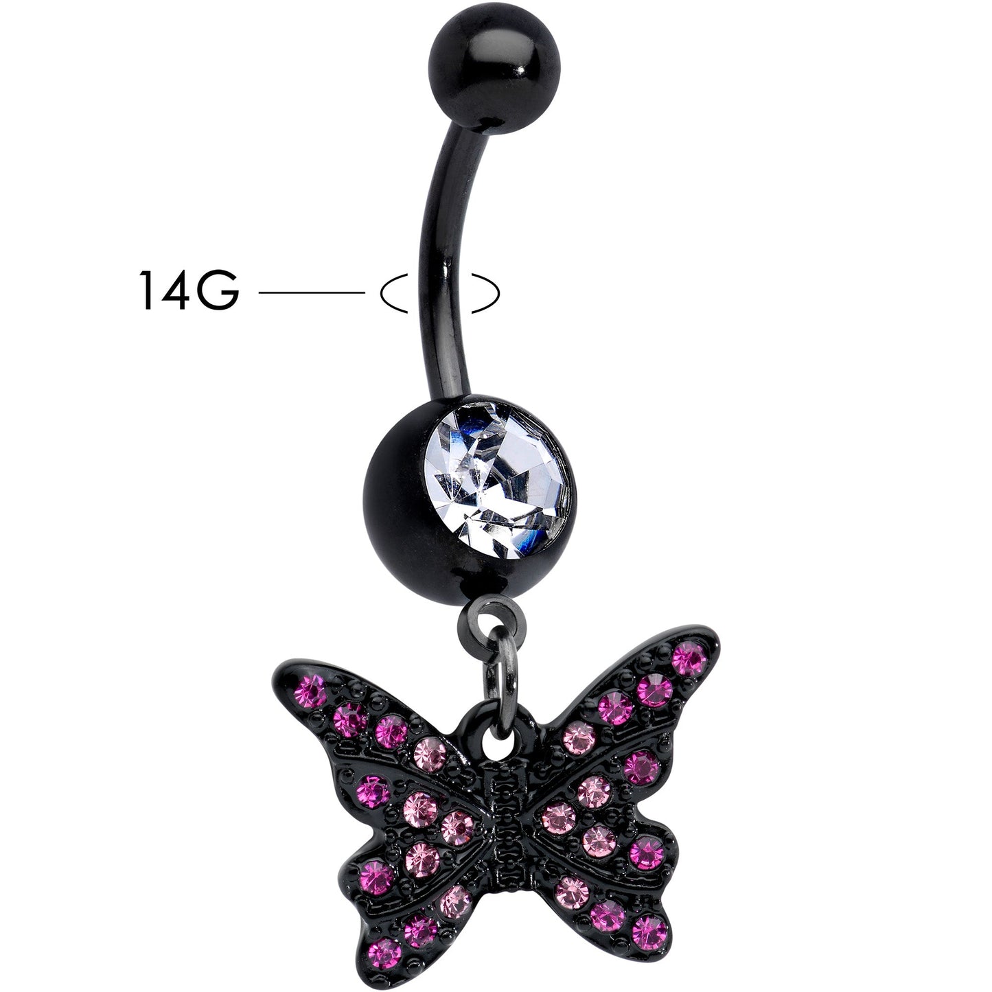 Clear Pink Gem Black Midnight Butterfly Dangle Belly Ring