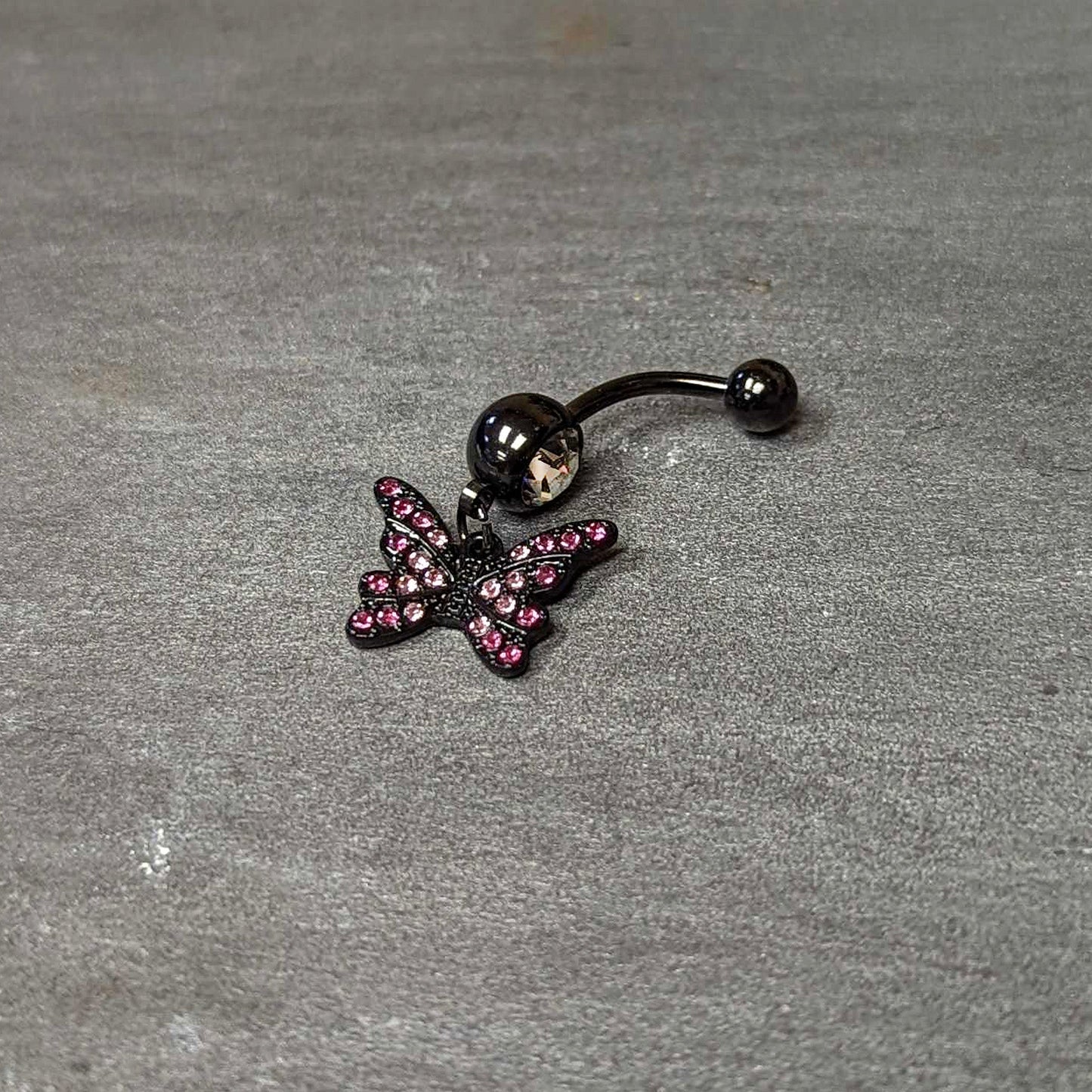 Clear Pink Gem Black Midnight Butterfly Dangle Belly Ring