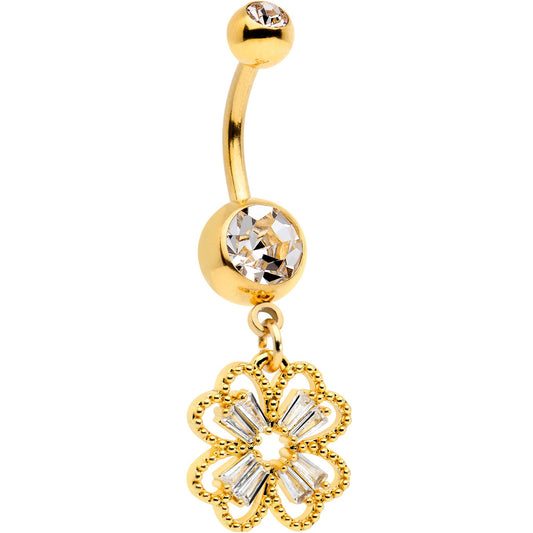 Clear Gem Gold Tone Elegant Textured Shamrock Dangle Belly Ring