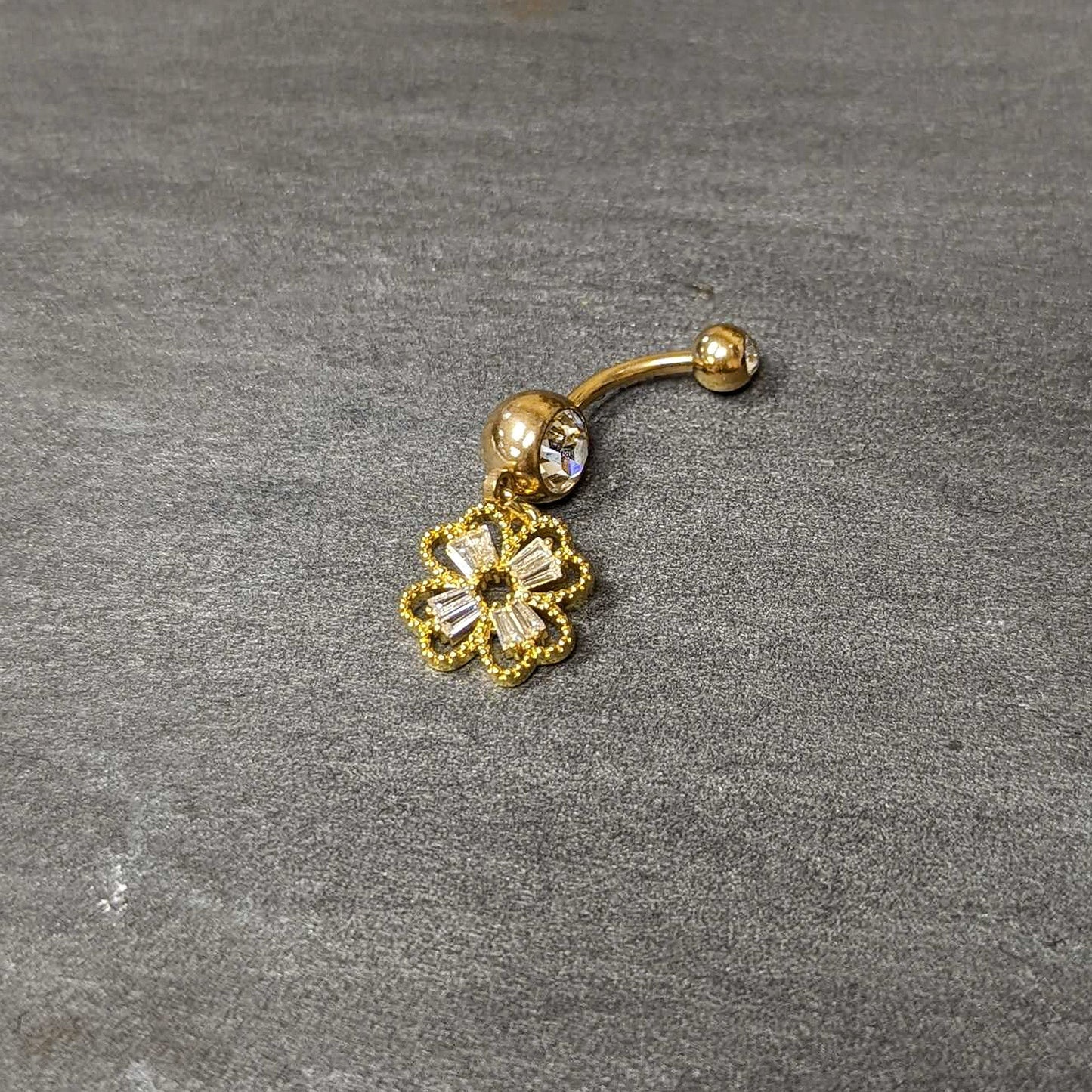 Clear Gem Gold Tone Elegant Textured Shamrock Dangle Belly Ring