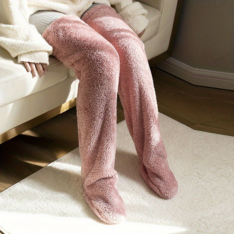 Fuzzy Thigh High Stockings, Warm Over-the-Knee Socks for Women, Solid Color