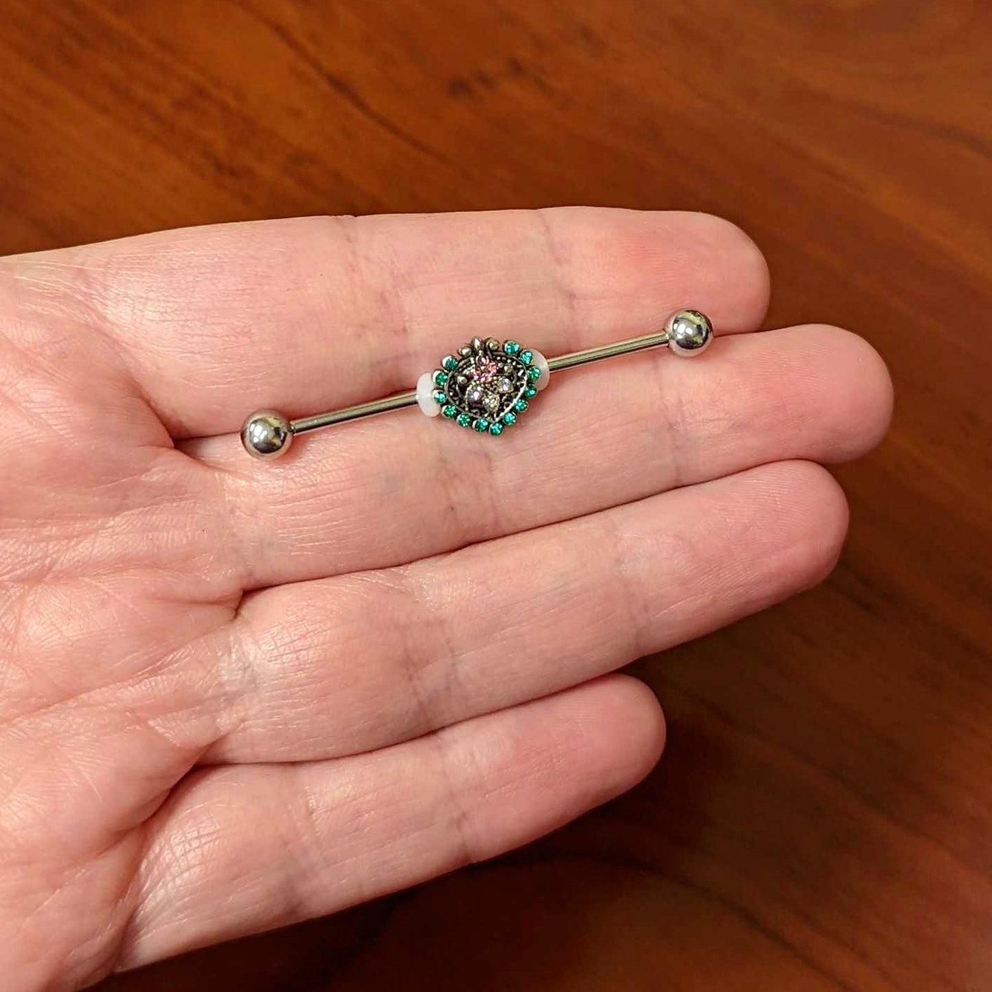 14G Pink Green Gem Stylized Leaf Industrial Barbell 38mm