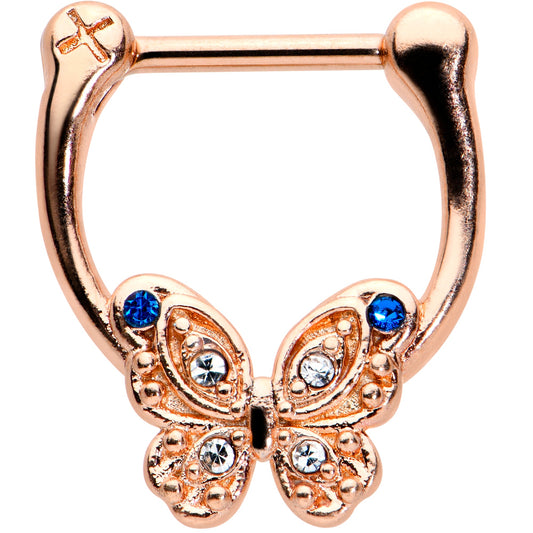 16G 5/16 Blue Gem Rose Gold Tone Butterfly Cartilage Clicker