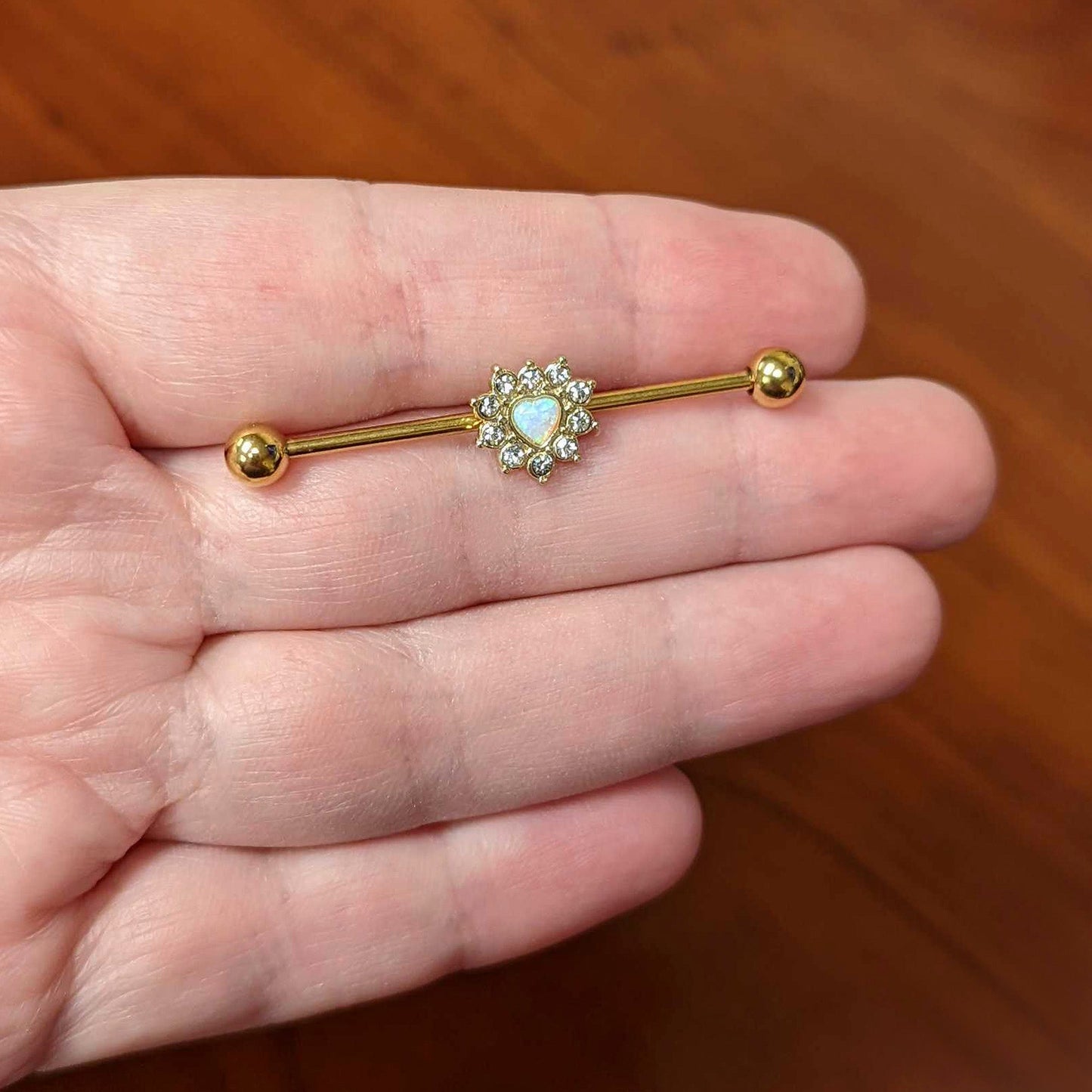 14G White Synth Opal Gold Tone Sun Heart Industrial Barbell 38mm