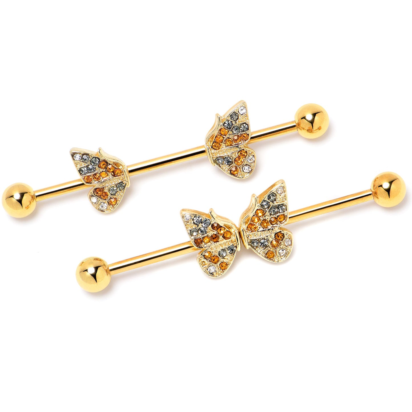 14G Orange Gem Gold Tone Butterfly Wings Industrial Barbell 38mm