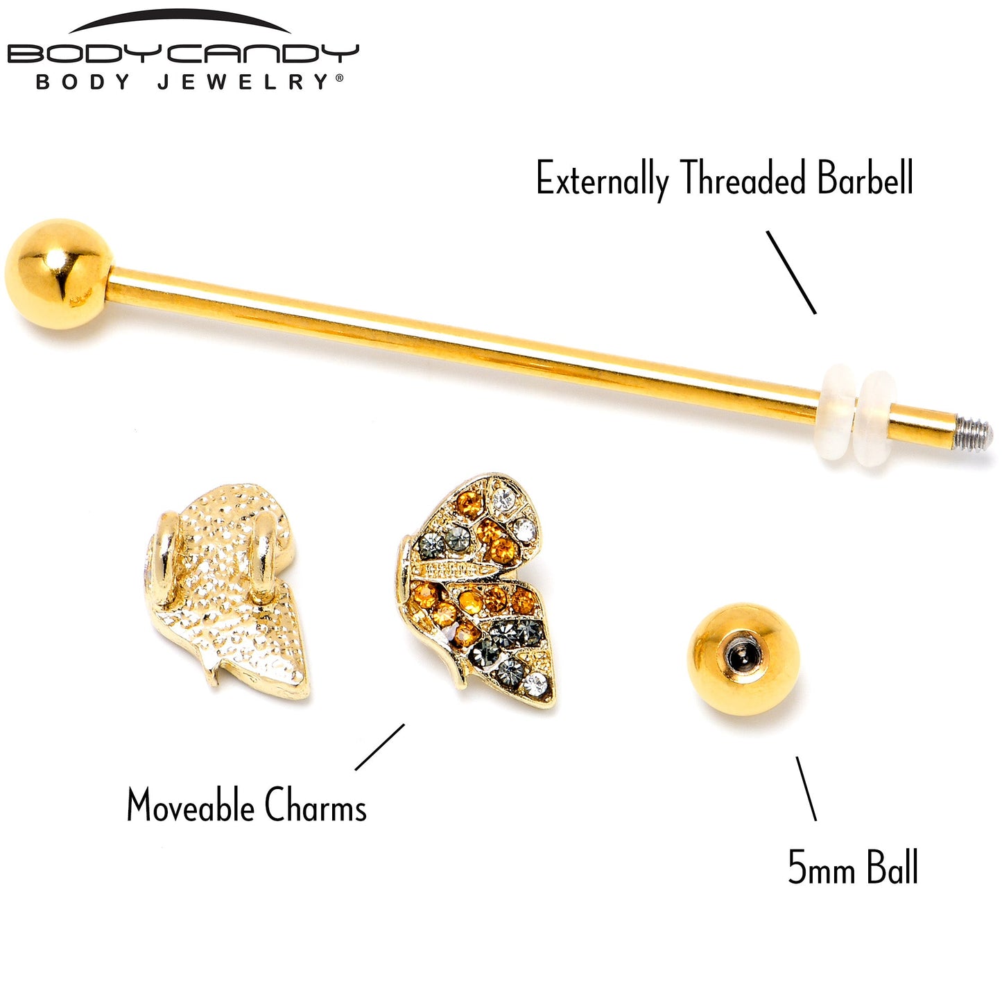 14G Orange Gem Gold Tone Butterfly Wings Industrial Barbell 38mm