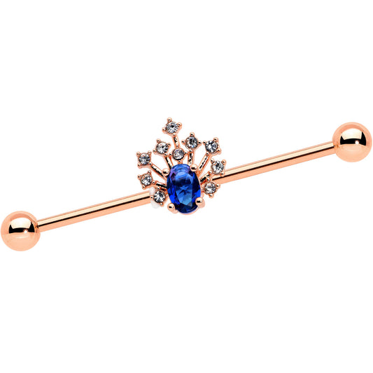 14G Blue Gem Rose Gold Tone Glamour Flare Industrial Barbell 38mm