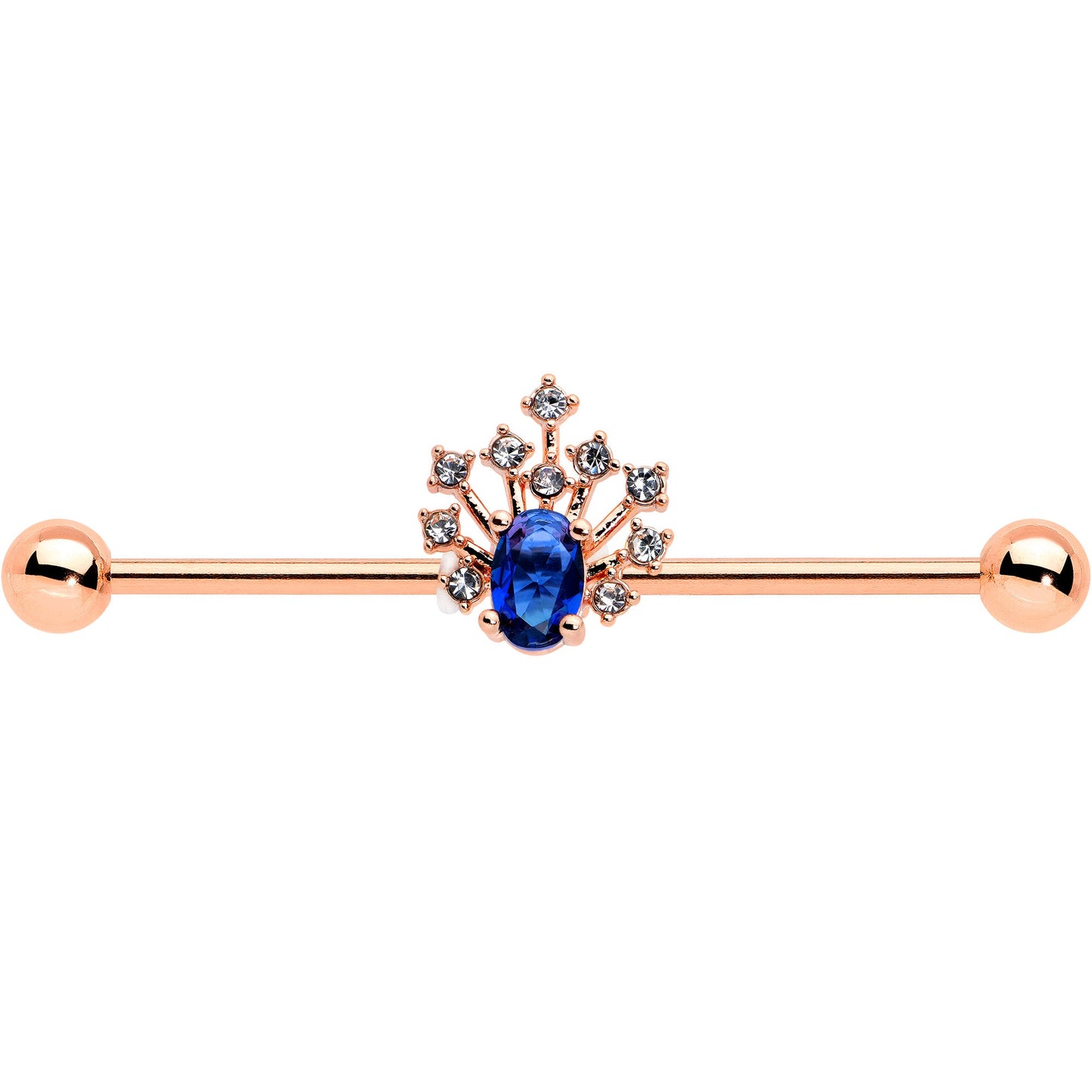 14G Blue Gem Rose Gold Tone Glamour Flare Industrial Barbell 38mm