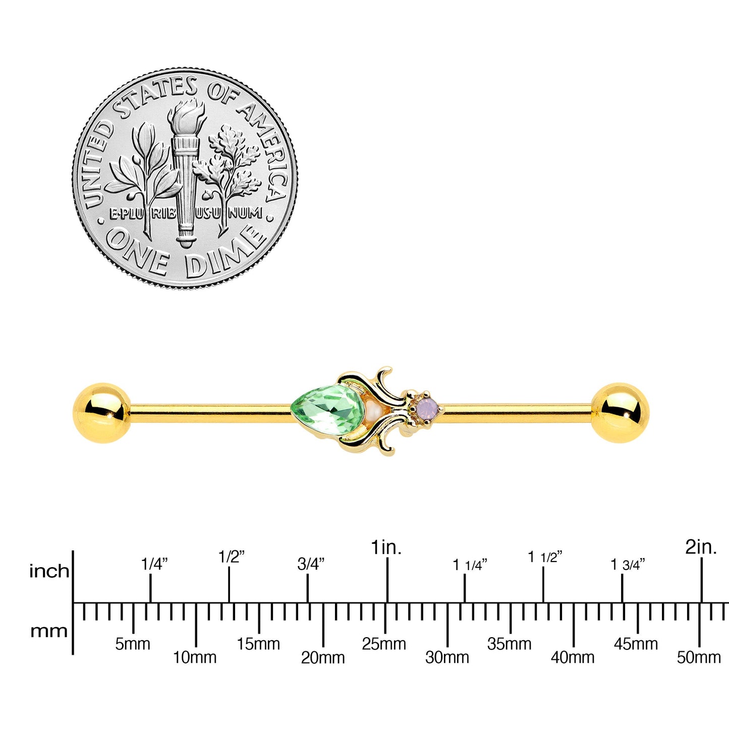 14G Green Gem Gold Tone Shades of Spring Industrial Barbell 38mm