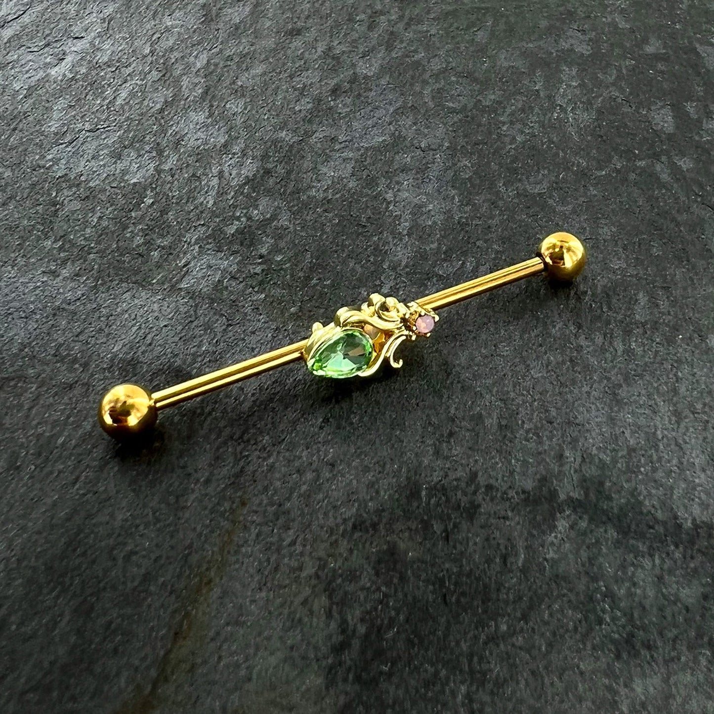 14G Green Gem Gold Tone Shades of Spring Industrial Barbell 38mm
