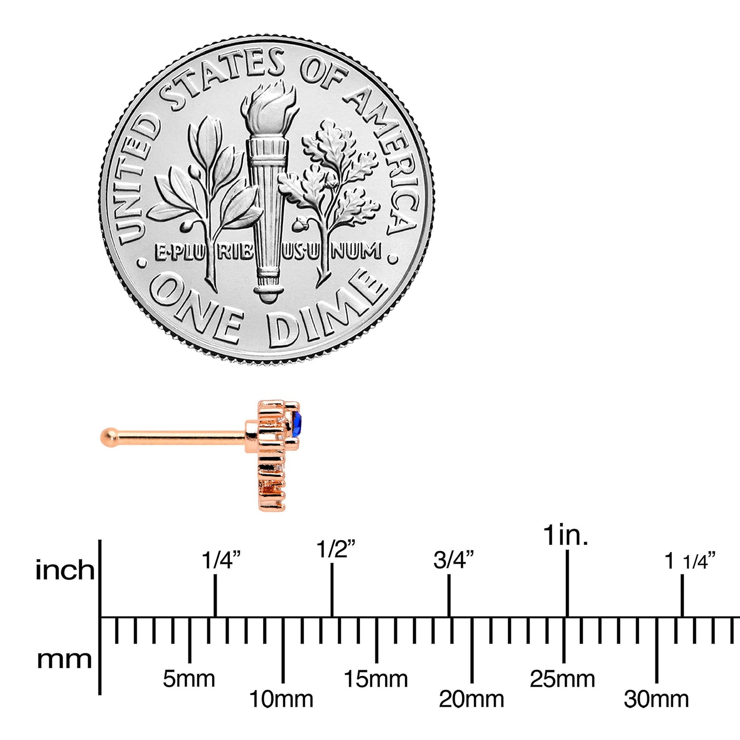 20G 1/4 Blue Clear Gem Rose Gold Tone Glamour Flare Nose Bone