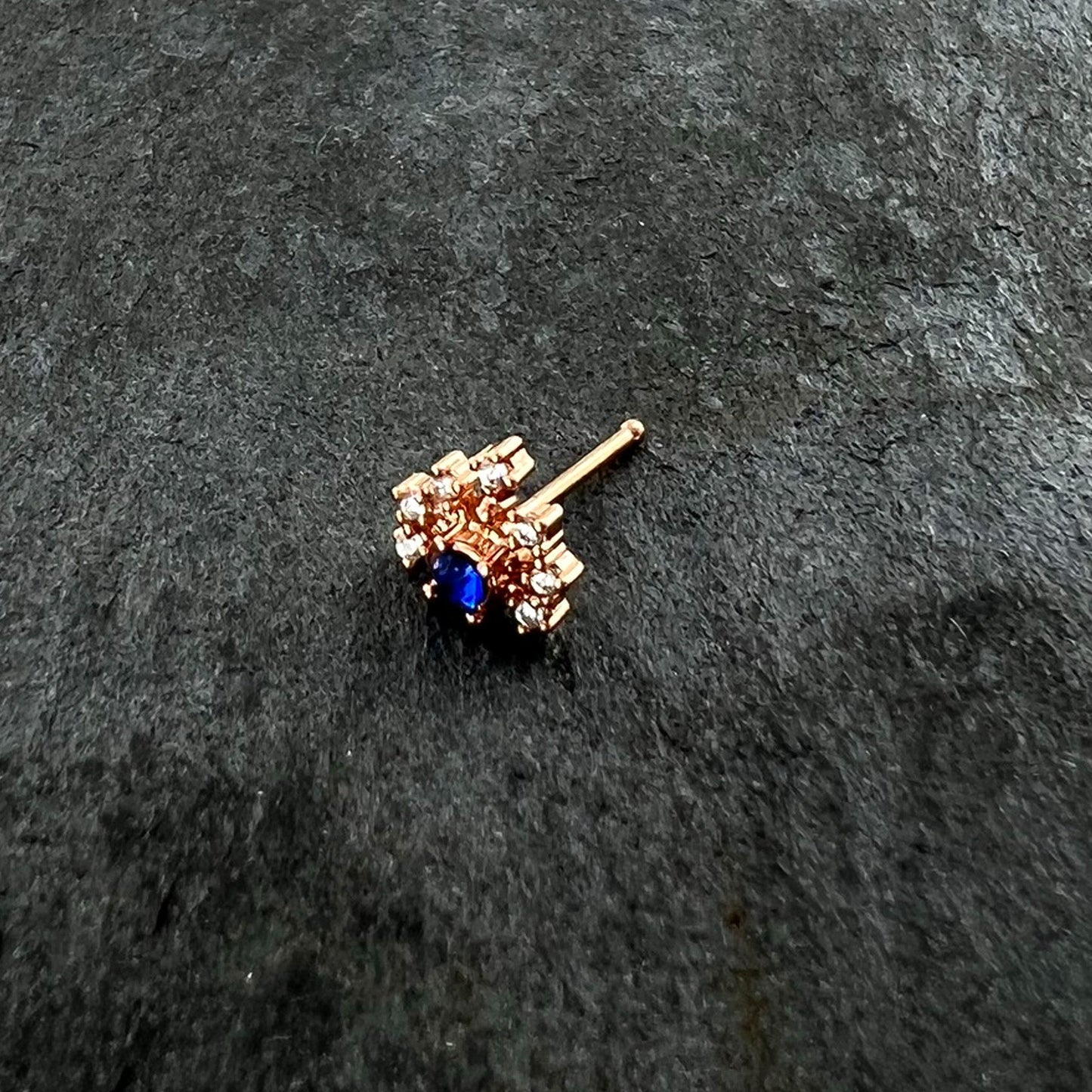 20G 1/4 Blue Clear Gem Rose Gold Tone Glamour Flare Nose Bone
