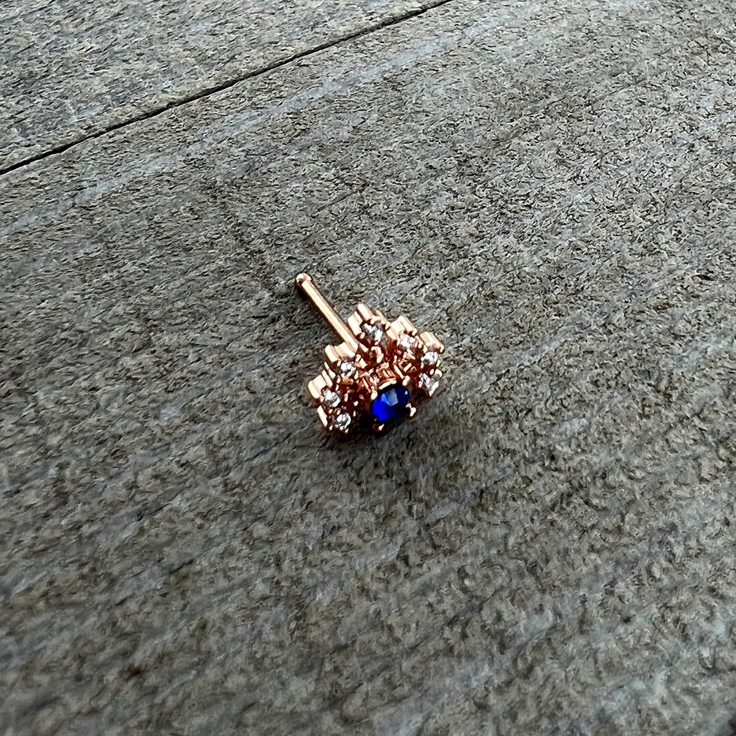 20G 1/4 Blue Clear Gem Rose Gold Tone Glamour Flare Nose Bone
