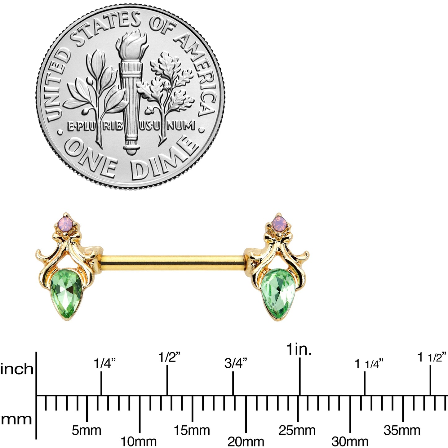 14G 9/16 Green Gem Gold Hue Spring Shades Barbell Nipple Ring Set